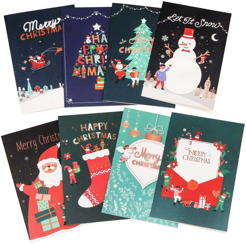 Christmas Card 桌布 壁紙 — 一系列節日插畫聖誕賀卡，以深色背景襯托聖誕老人、雪人、聖誕襪和節日場景。
