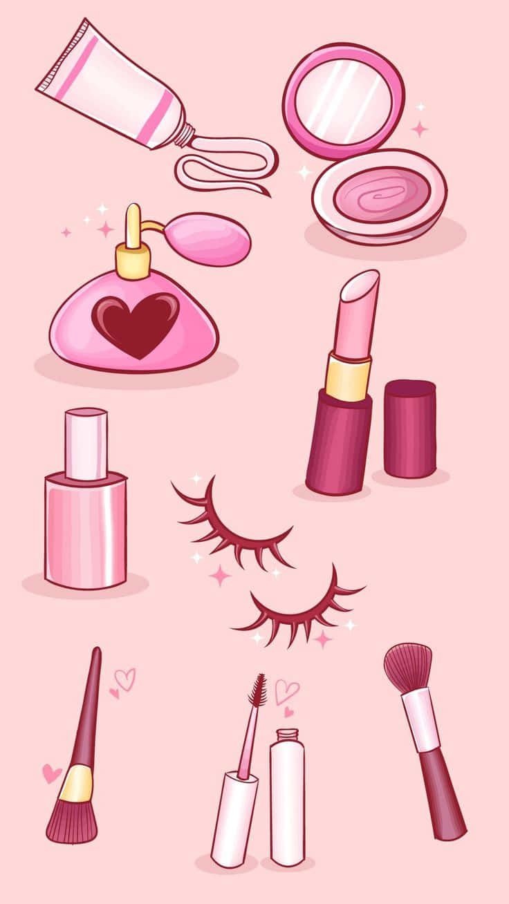 Cute Makeup 桌布 壁紙 — 一系列粉紅色插圖美容產品，包括唇膏、香水和刷子，排列在柔和的粉紅色背景上。