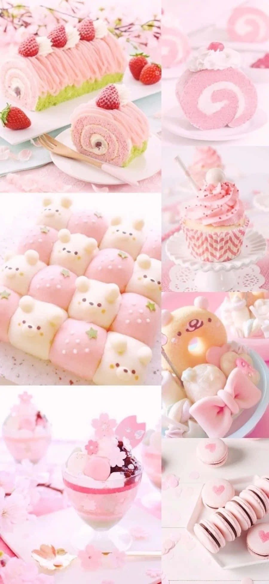 Kawaii Dessert 桌布 壁紙 — 一系列粉紅色甜點拼貼，包括蛋糕卷、杯子蛋糕和馬卡龍，裝飾有櫻花和可愛動物臉。