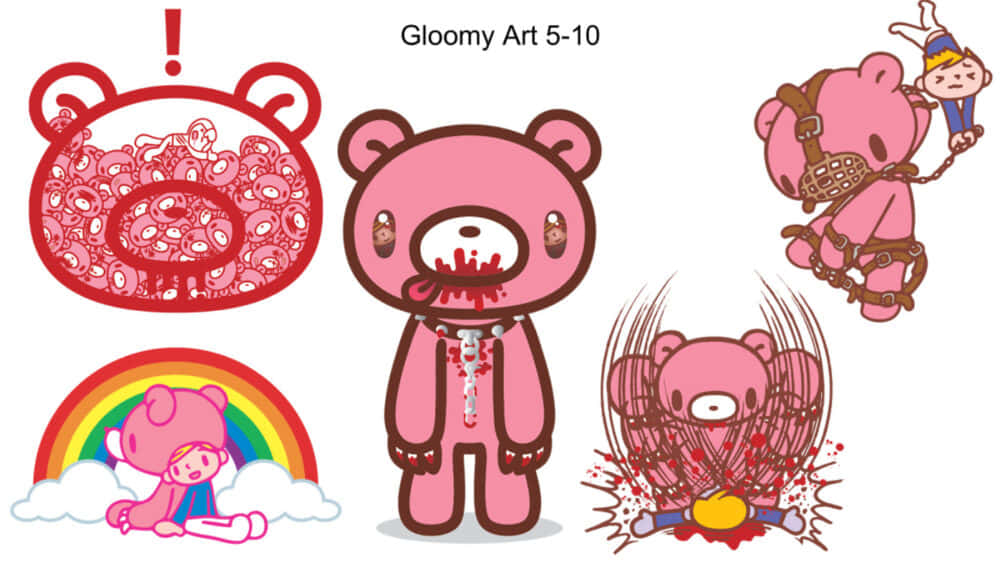 gloomy bear 桌布 壁紙 — 一系列粉紅色陰沉泰迪熊在各種令人不安和超現實的卡通場景中。