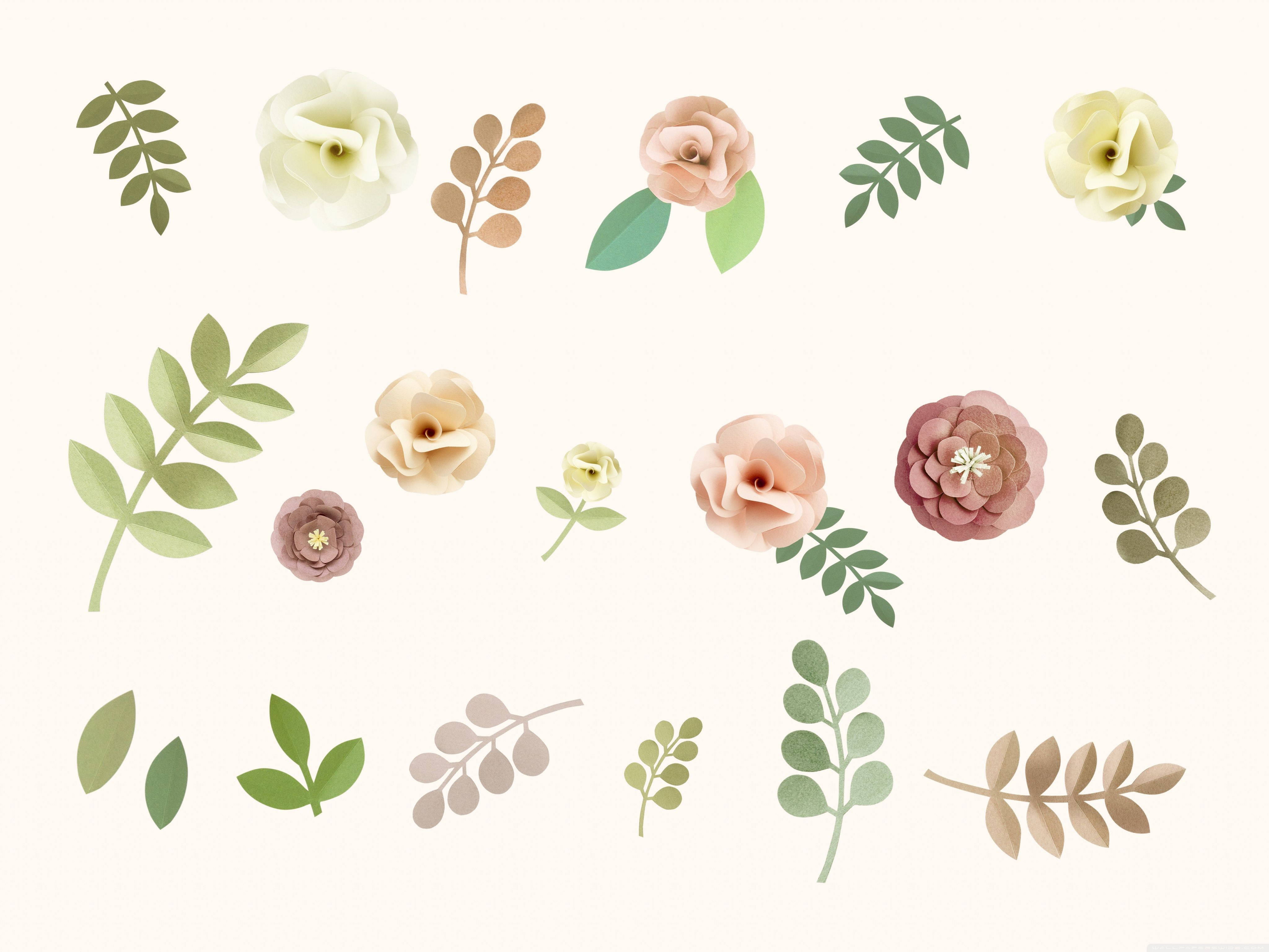 Flowers 桌布 壁紙 — 一系列精緻的粉彩紙花和綠色植物，以柔和、極簡的植物圖案排列。