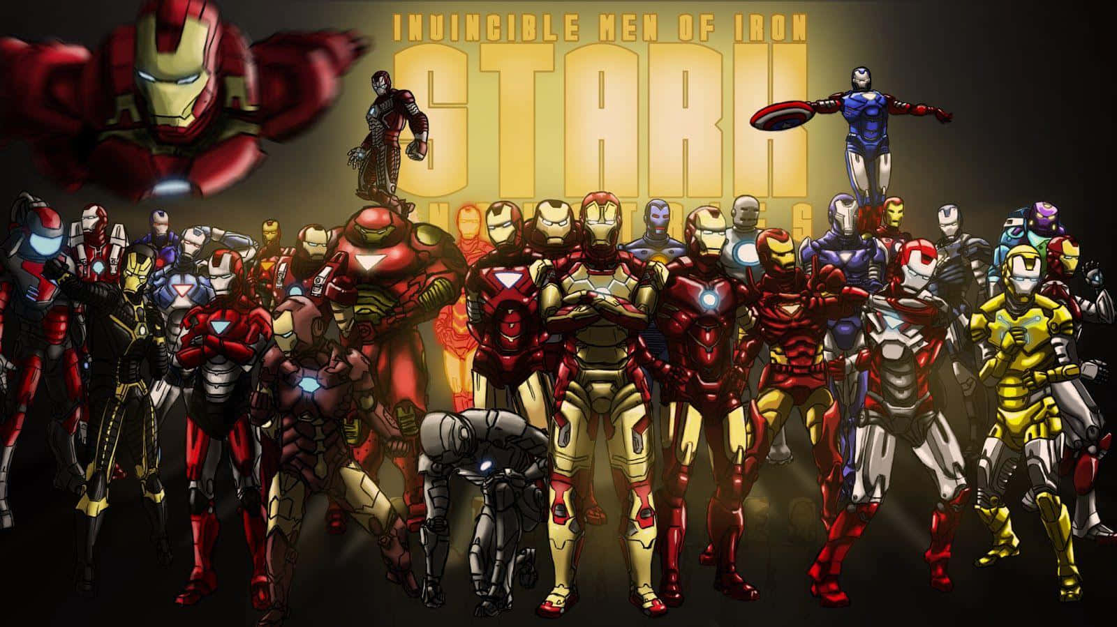 Iron Man Suit 桌布 壁紙 — 一系列紅、金、銀色裝甲的鋼鐵人戰衣，在發光的標題背景前英勇地擺出姿勢。