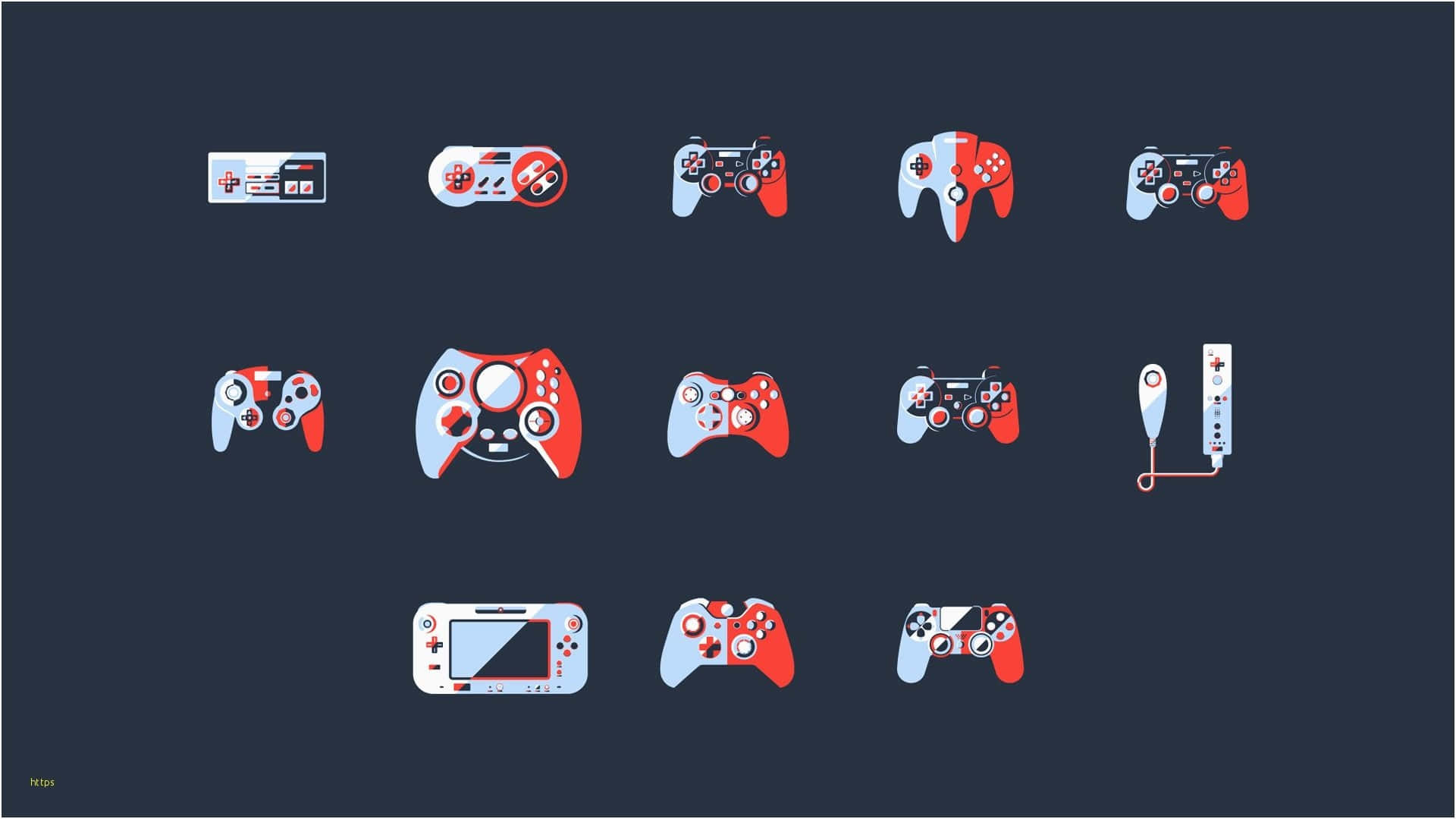 Game Controllers 桌布 壁紙 — 一系列經典和現代遊戲控制器在深色背景上以網格顯示。