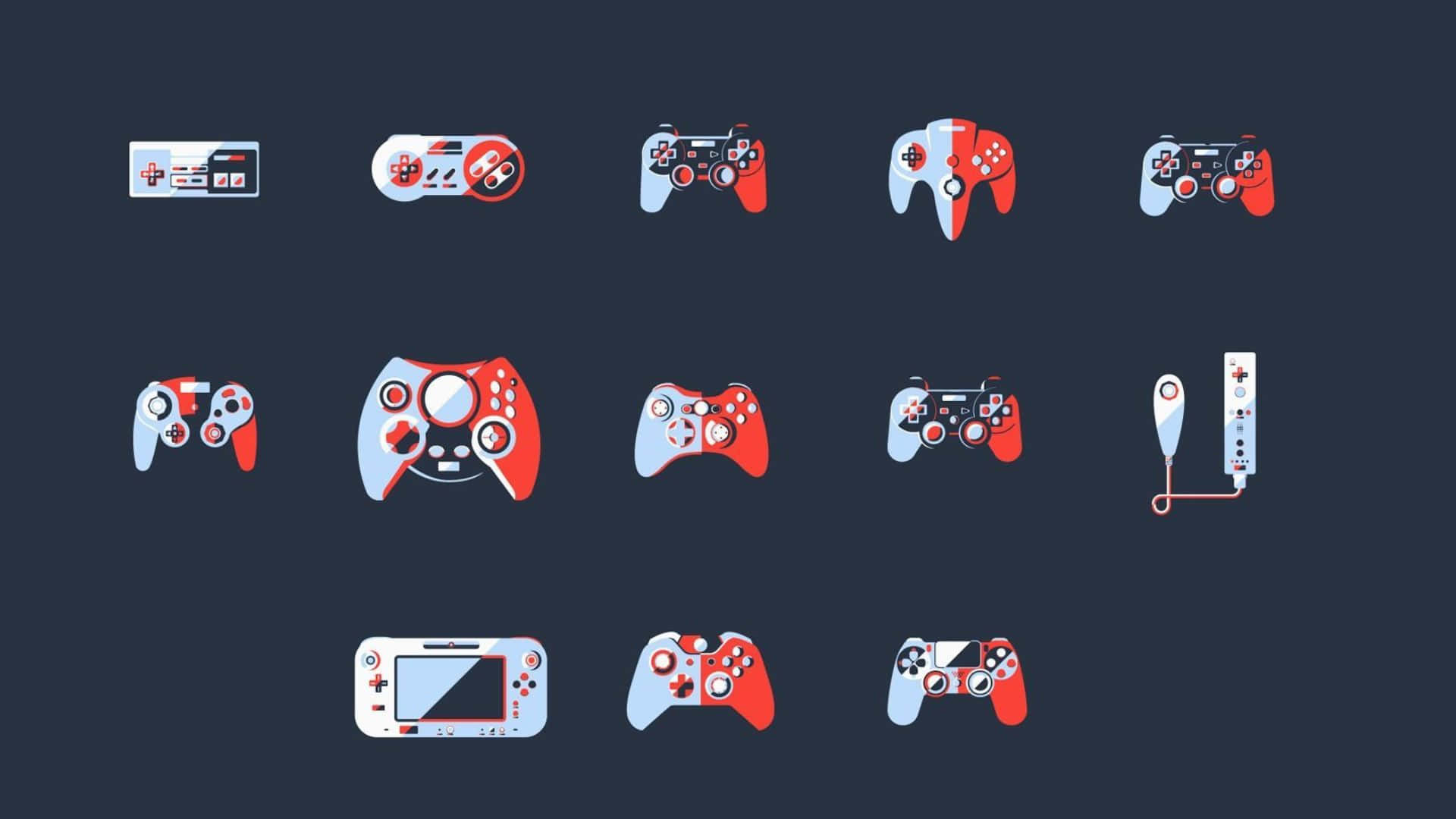 Minimalist Game 桌布 壁紙 — 一系列經典與現代遊戲控制器在深色背景上以網格形式展示。