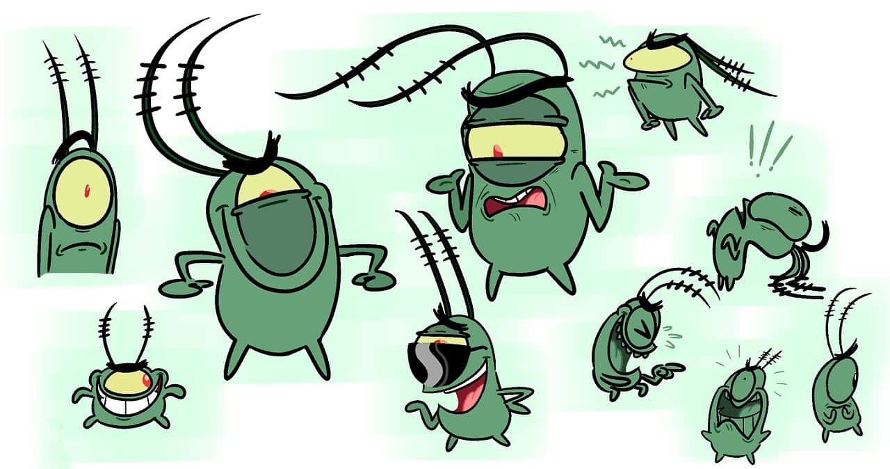 plankton 桌布 壁紙 — 一系列綠色卡通螃蟹，具有縫合特徵和各種姿勢中富有表現力的面孔。