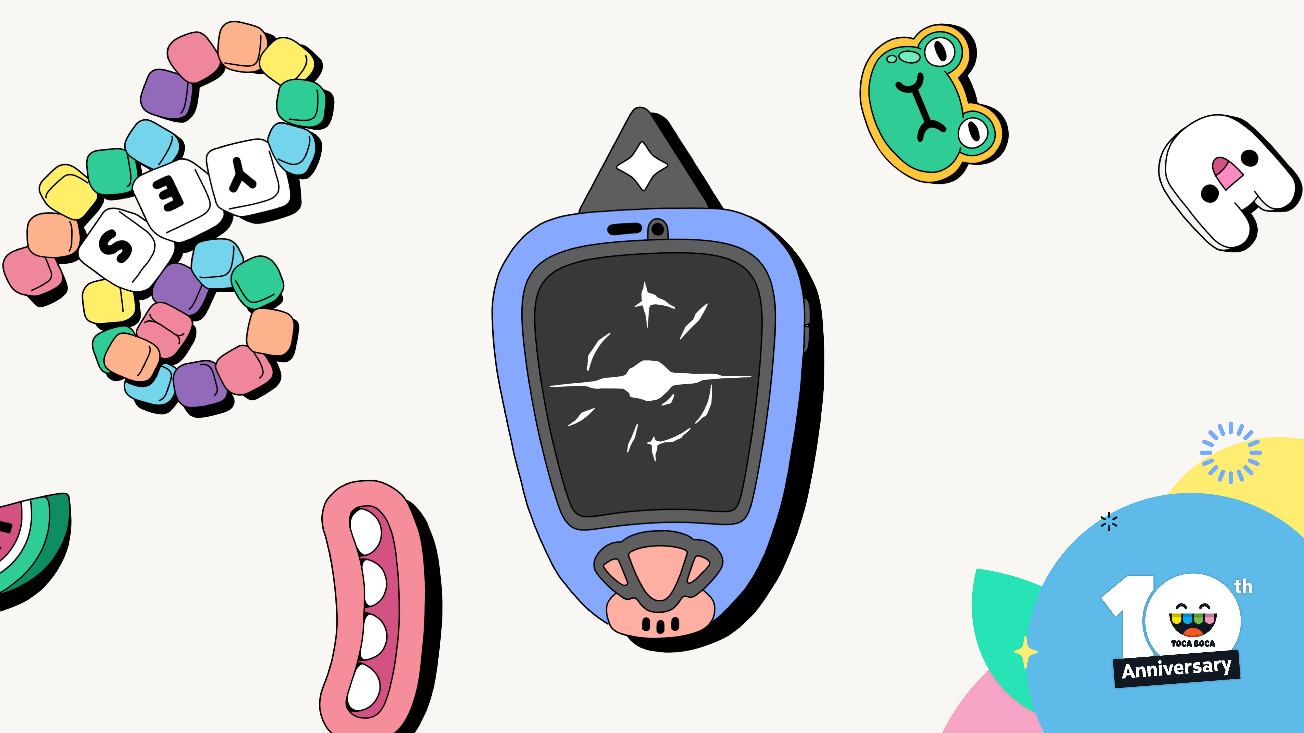 Toca 桌布 壁紙 — 一系列色彩繽紛、充滿玩味的 Toca Boca 圖標，包括藍色裝置、彩虹手鐲和卡通臉孔，漂浮在淺色背景上。