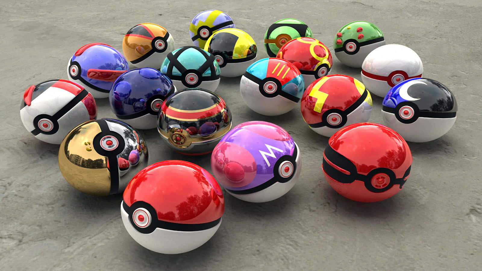 Pokemon Toys 桌布 壁紙 — 一系列色彩繽紛、光澤亮麗的寶可夢球散落在灰色混凝土表面上。