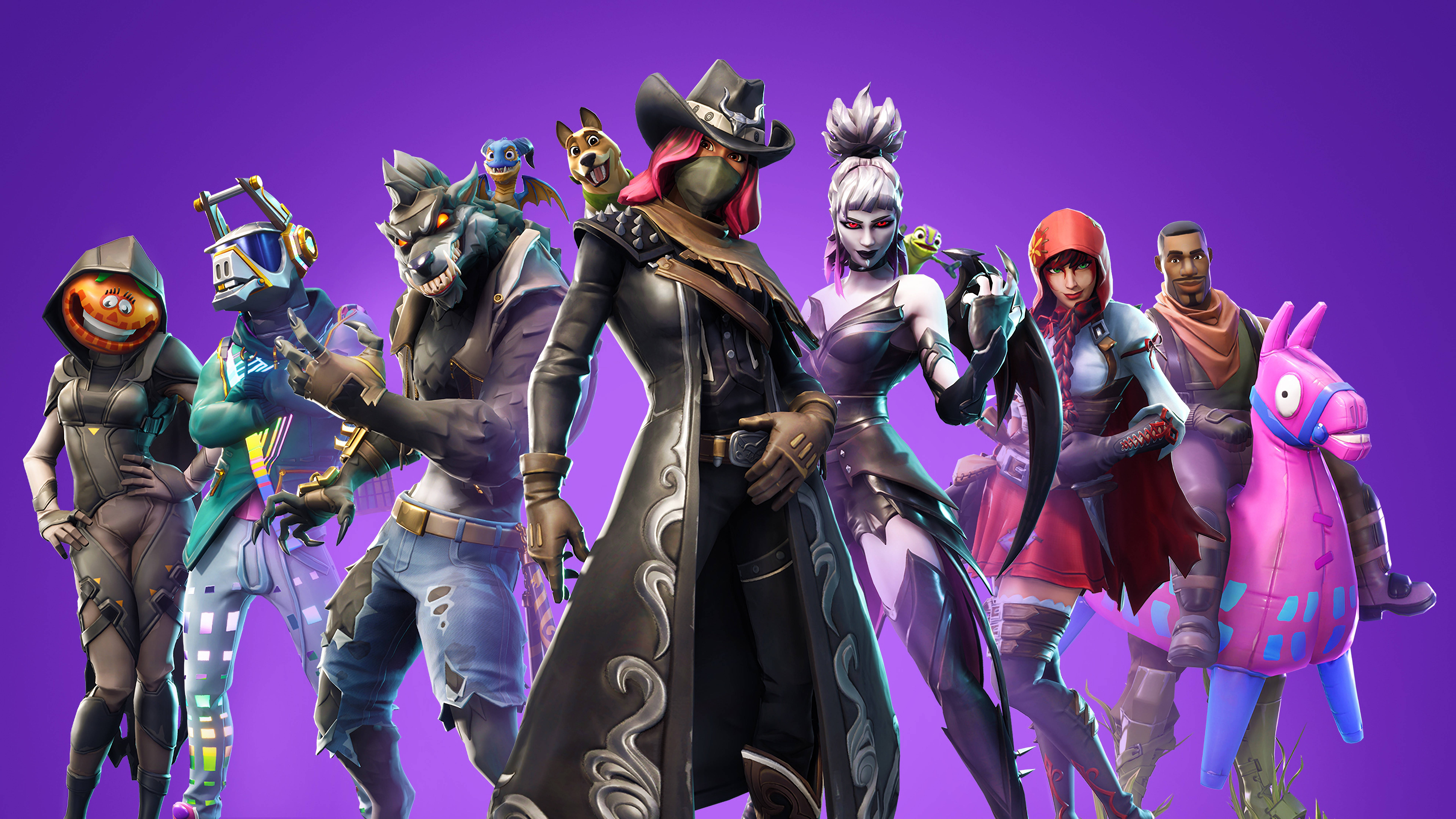 Fortnite 桌布 壁紙 — 一系列色彩繽紛的《Fortnite》角色穿著鮮豔服裝，在純紫色背景前擺出姿勢。