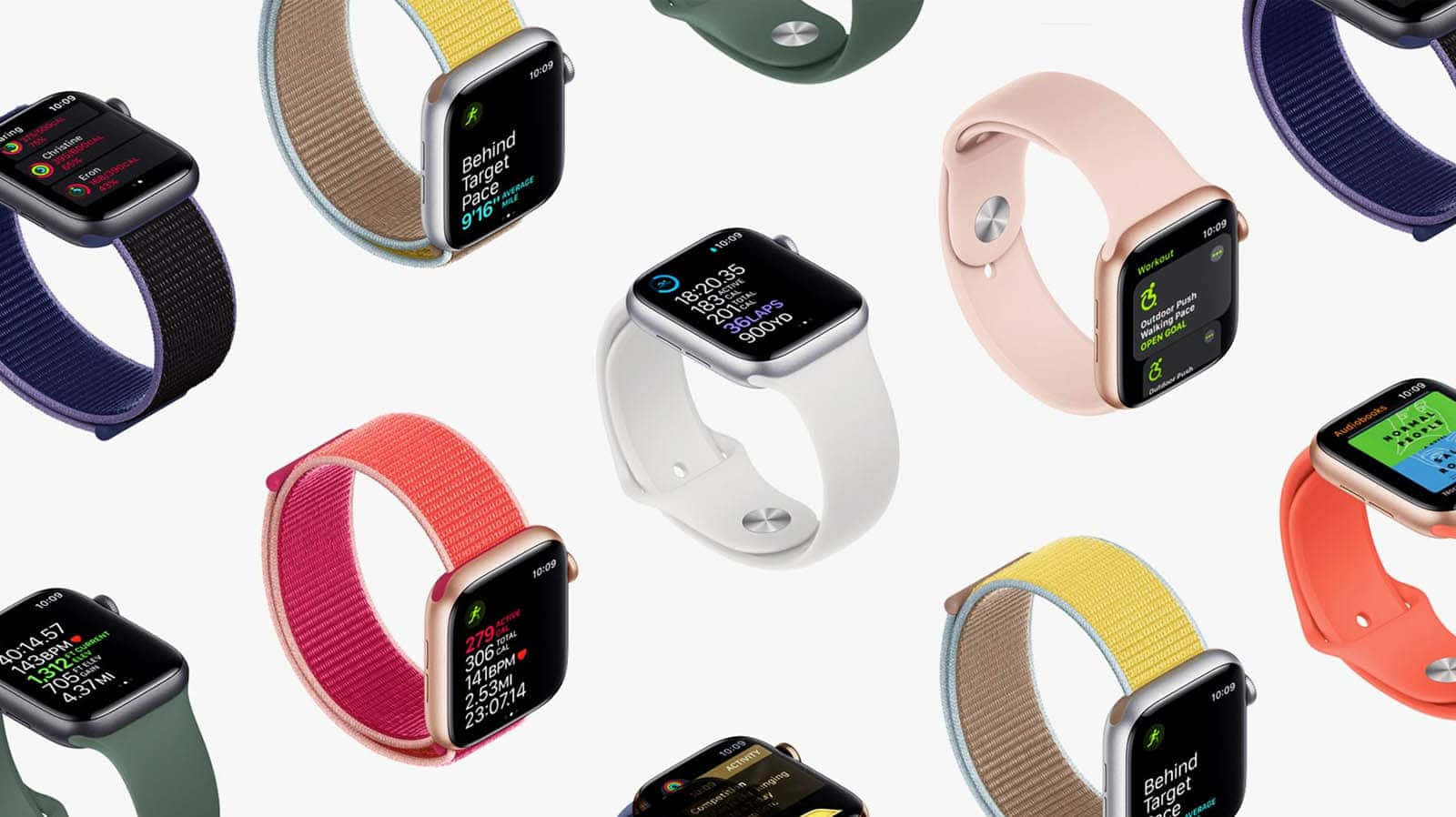 多款Apple Watch配以不同顏色的錶帶，以漂浮方式展示。 — Apple Watch 動態 壁紙