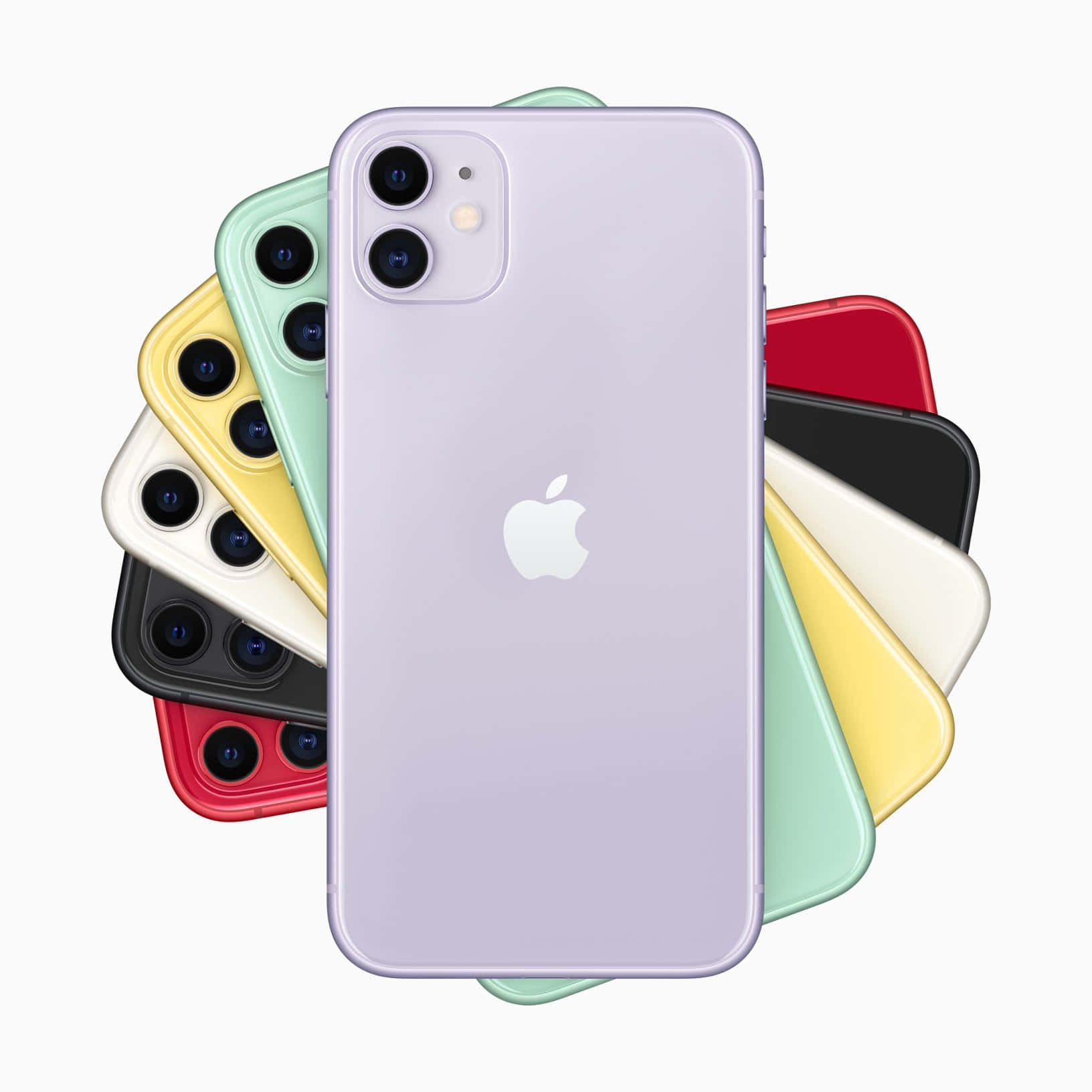 Apple Phone 桌布 壁紙 — 一系列色彩繽紛的iPhone 11型號呈扇形展開，其中薰衣草色型號居中，背景為純白色。