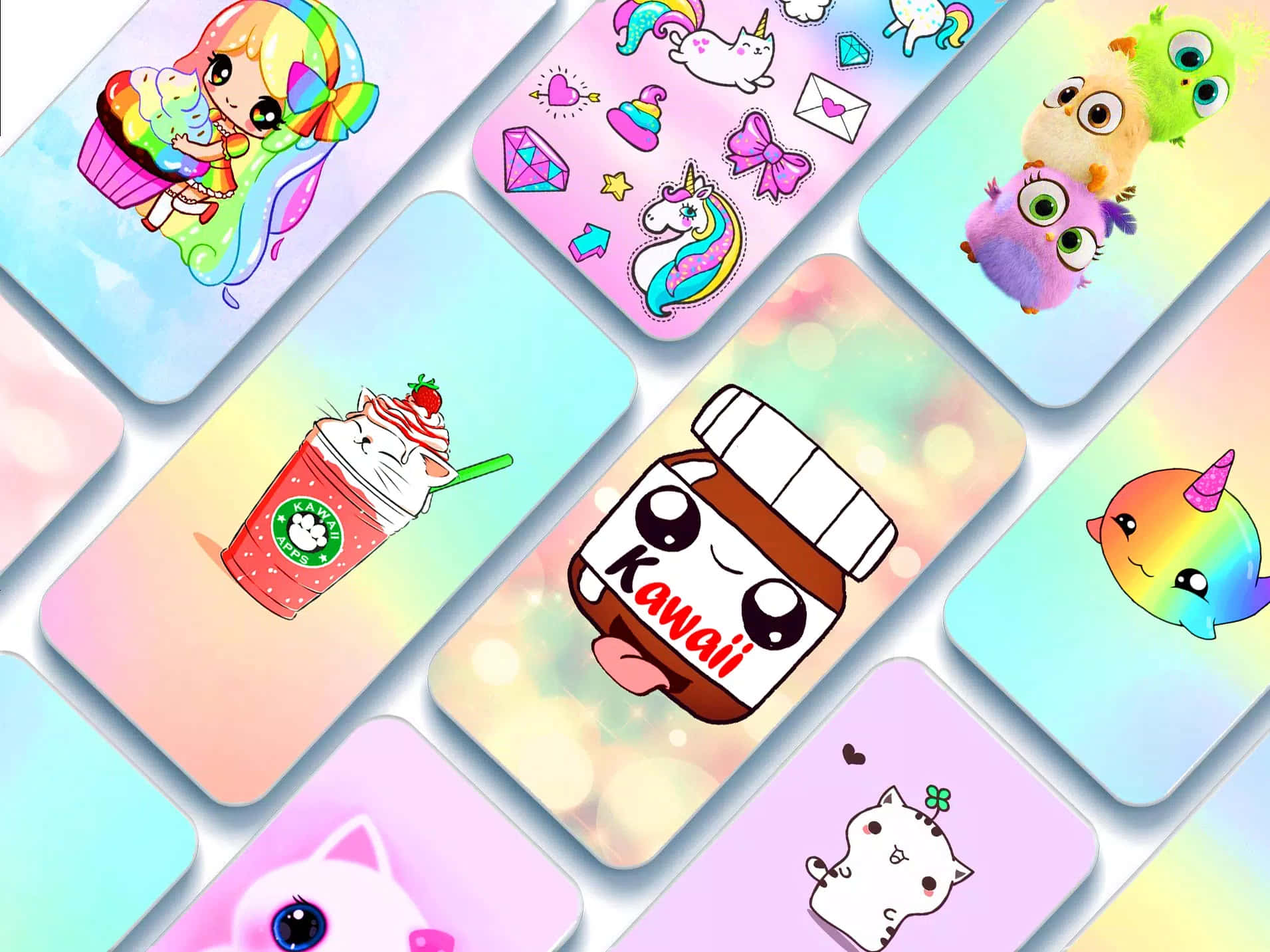 Pastel Colors 桌布 壁紙 — 一系列色彩繽紛的kawaii主題手機殼，以獨角獸、貓咪和杯子蛋糕等可愛卡通角色為特色，搭配粉彩漸變背景。