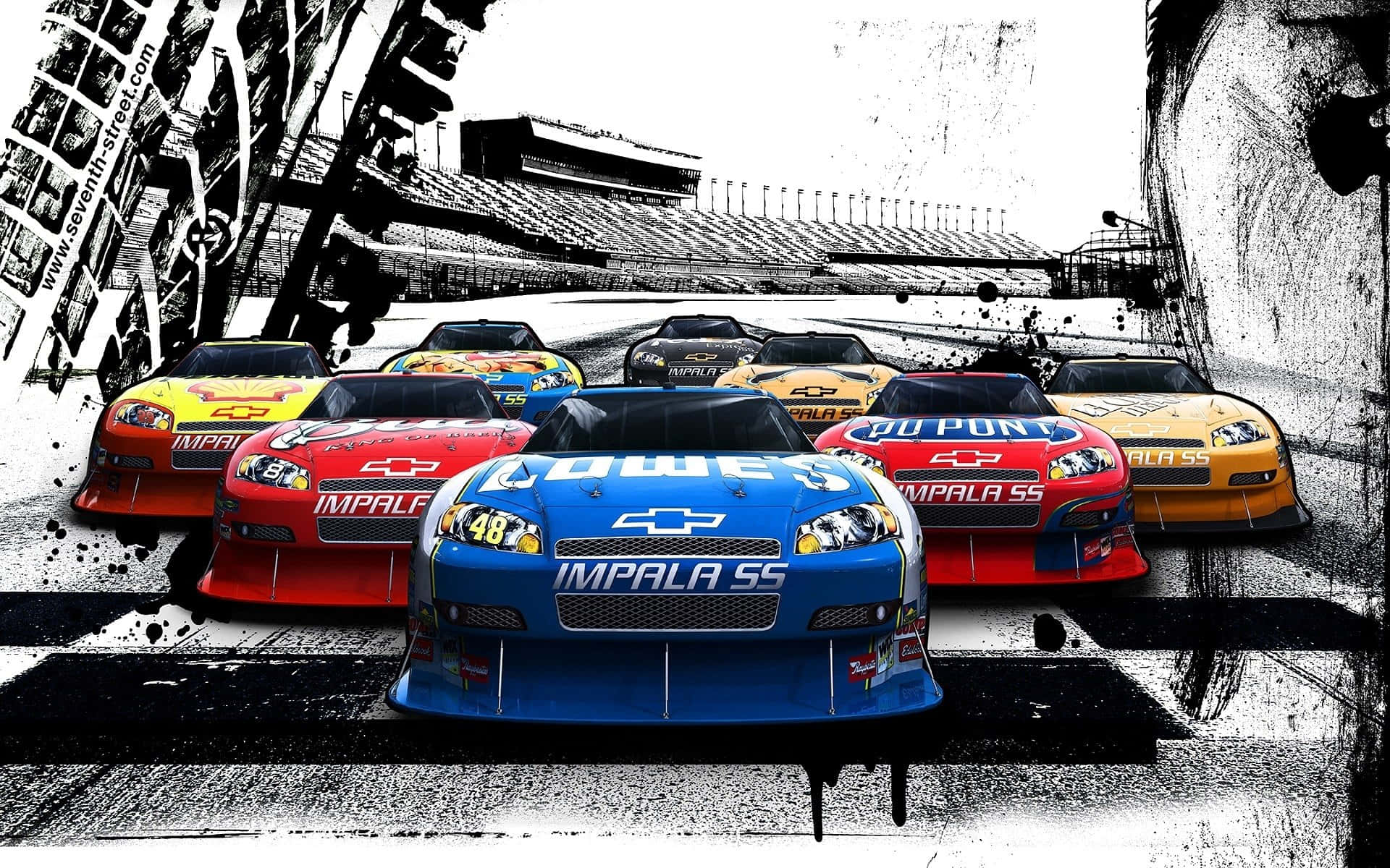nascar 桌布 壁紙 — 一系列色彩繽紛的NASCAR賽車，帶有醒目的贊助商標誌，在高速對比的黑白潑濺效果下於賽道上飛馳。