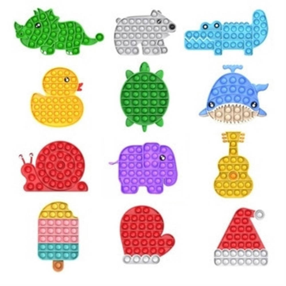 Fidget Toys 桌布 壁紙 — 一系列色彩繽紛的動物和物體形狀的按壓減壓玩具，背景為純白色。