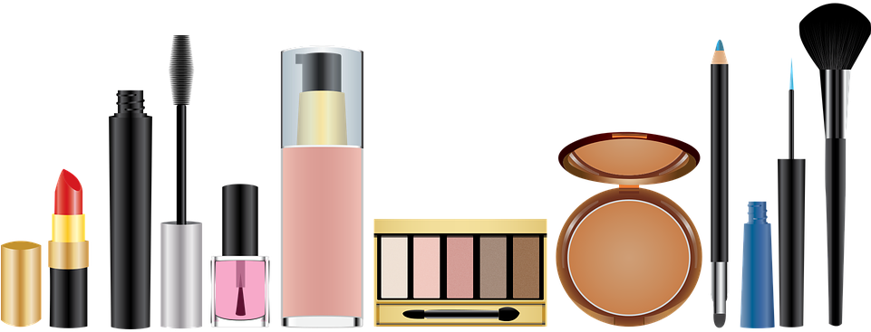 Cosmetics Products 桌布 壁紙 — 一系列色彩繽紛的化妝品，包括唇膏、眼線筆、睫毛膏和刷具，整齊地排列在黑色背景上。