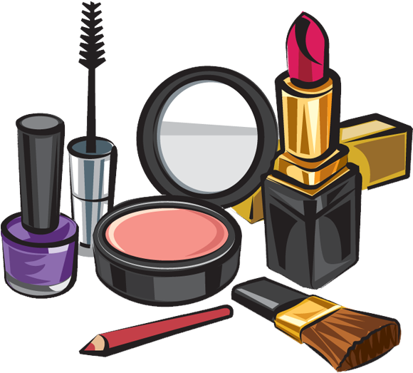 Cosmetics Products 桌布 壁紙 — 一系列色彩繽紛的化妝品，包括唇膏、睫毛膏、腮紅和刷子，排列在黑色背景上。