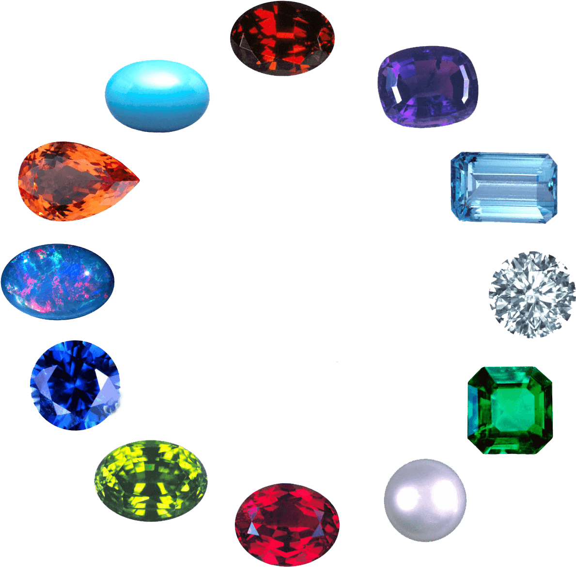 Gemstones 桌布 壁紙 — 一系列色彩繽紛的寶石和一顆珍珠在純黑背景上排列成圓形，光彩奪目。