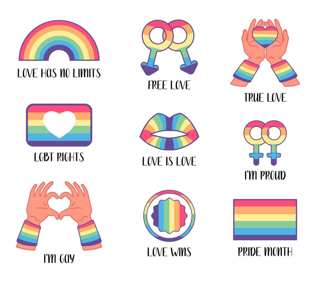 驕傲 桌布 壁紙 — 一系列色彩繽紛的彩虹主題圖標，推廣 LGBTQ+ 驕傲與愛，附有「愛無界限」和「我自豪」等語句。