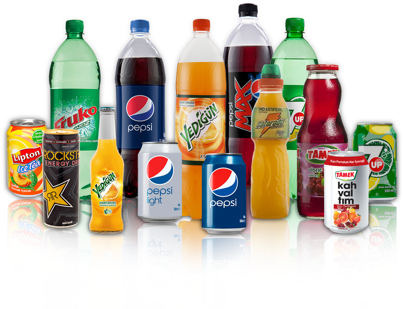 飲料 桌布 壁紙 — 一系列色彩繽紛的汽水和能量飲料，整齊排列在黑色背景上的光澤反光展示中。