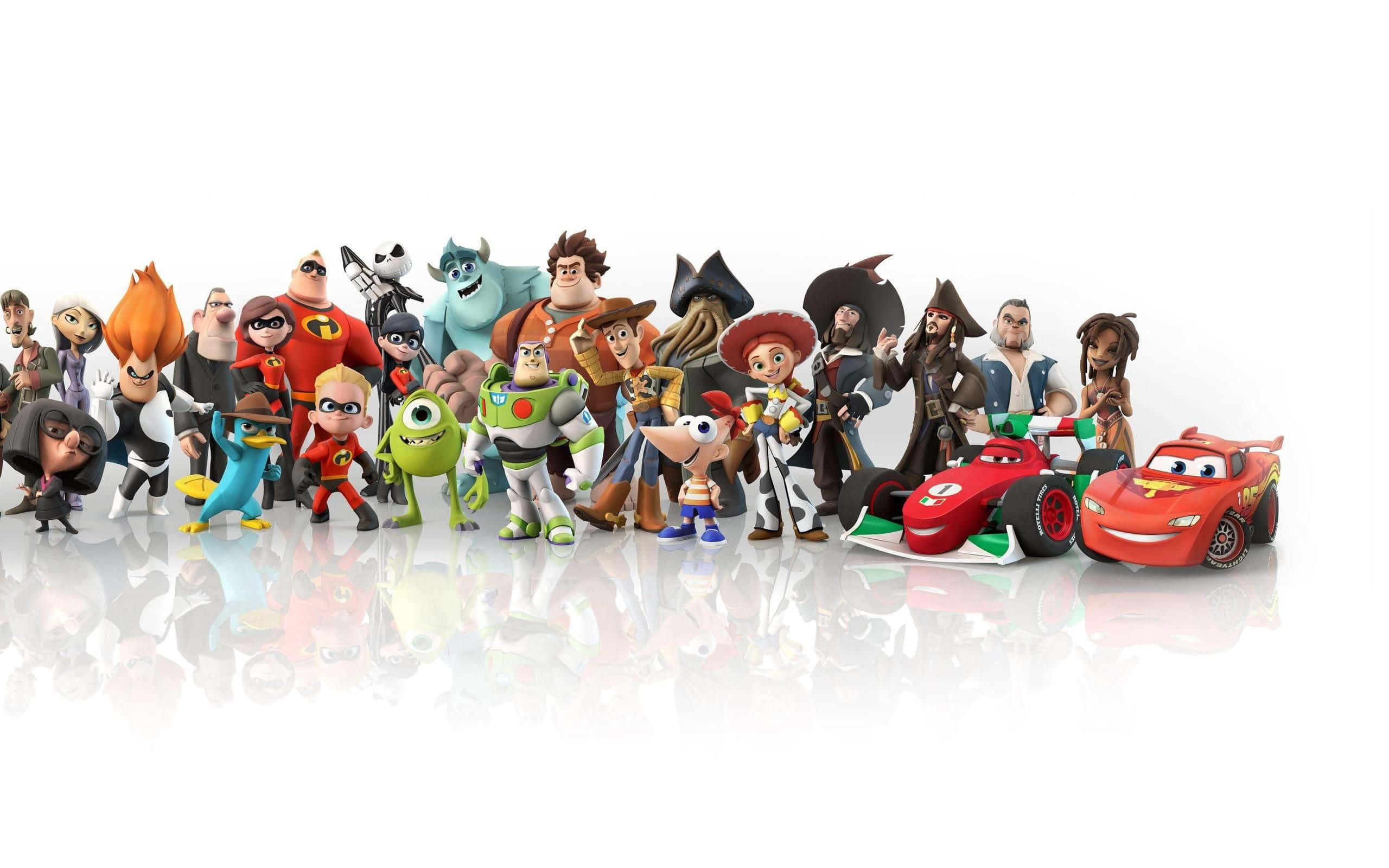 All Cartoon Characters 桌布 壁紙 — 一系列色彩繽紛的皮克斯角色，包括巴斯光年和閃電麥坤，在反光的白色表面上一起擺姿勢。