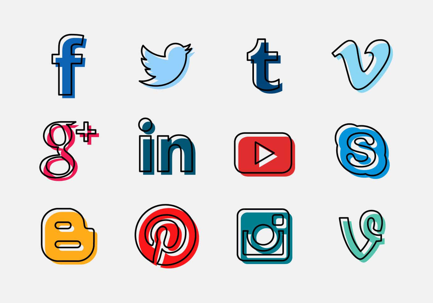 Social Media Icons 桌布 壁紙 — 一系列色彩繽紛的社交媒體圖示，排列在淺灰色背景的網格中。