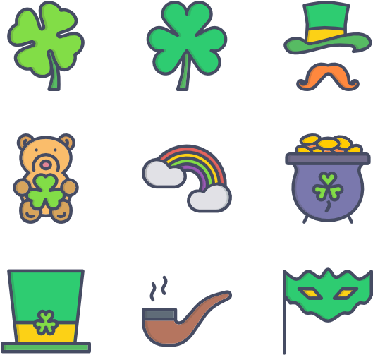 Saint Patricks Day 桌布 壁紙 — 一系列色彩繽紛的聖派翠克節圖標，包括三葉草、彩虹、金罐和小妖精帽子，背景為黑色。