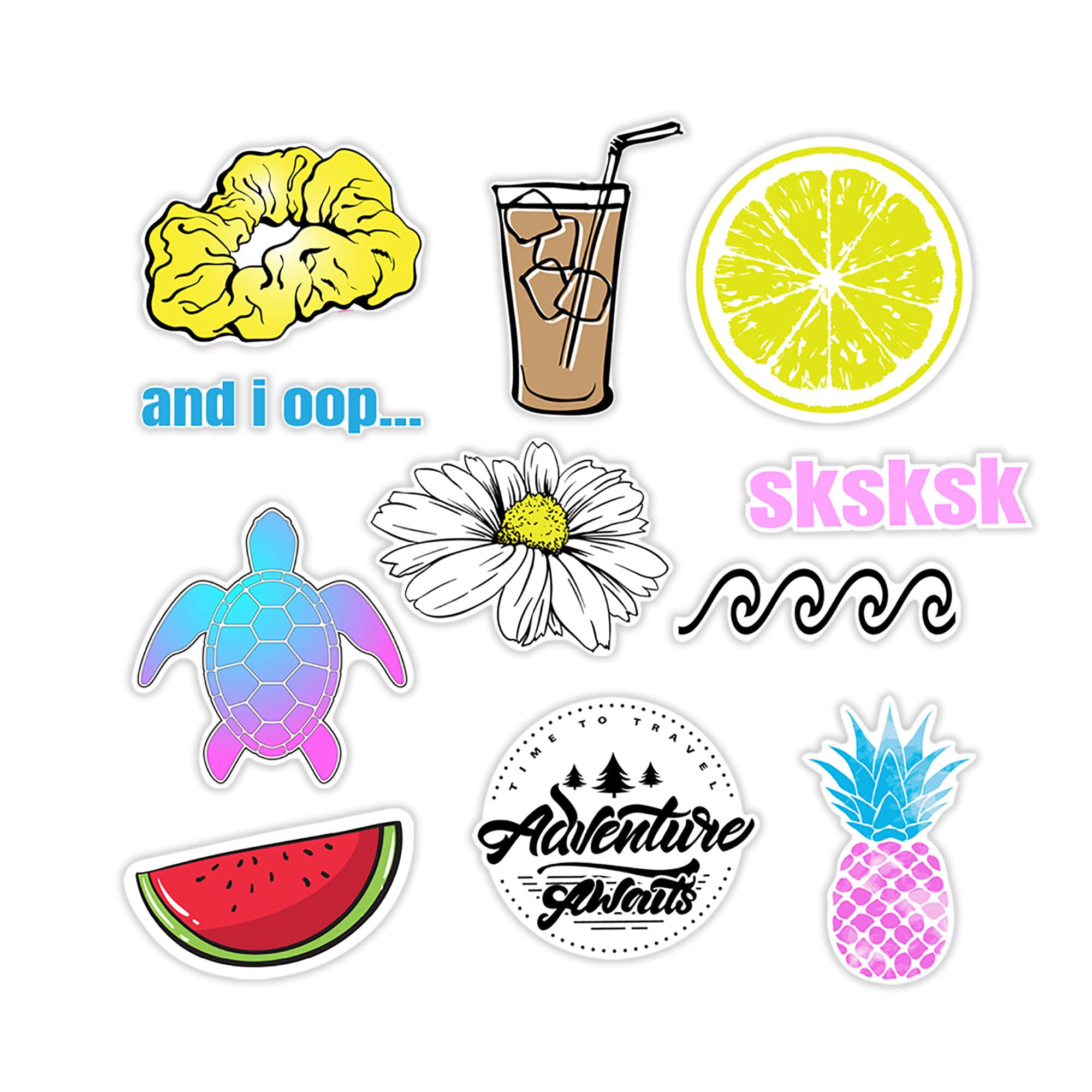 Cute Stickers 桌布 壁紙 — 一系列色彩繽紛的貼紙，包括黃色髮圈、冰飲、檸檬片、烏龜、雛菊、鳳梨、西瓜和冒險文字。