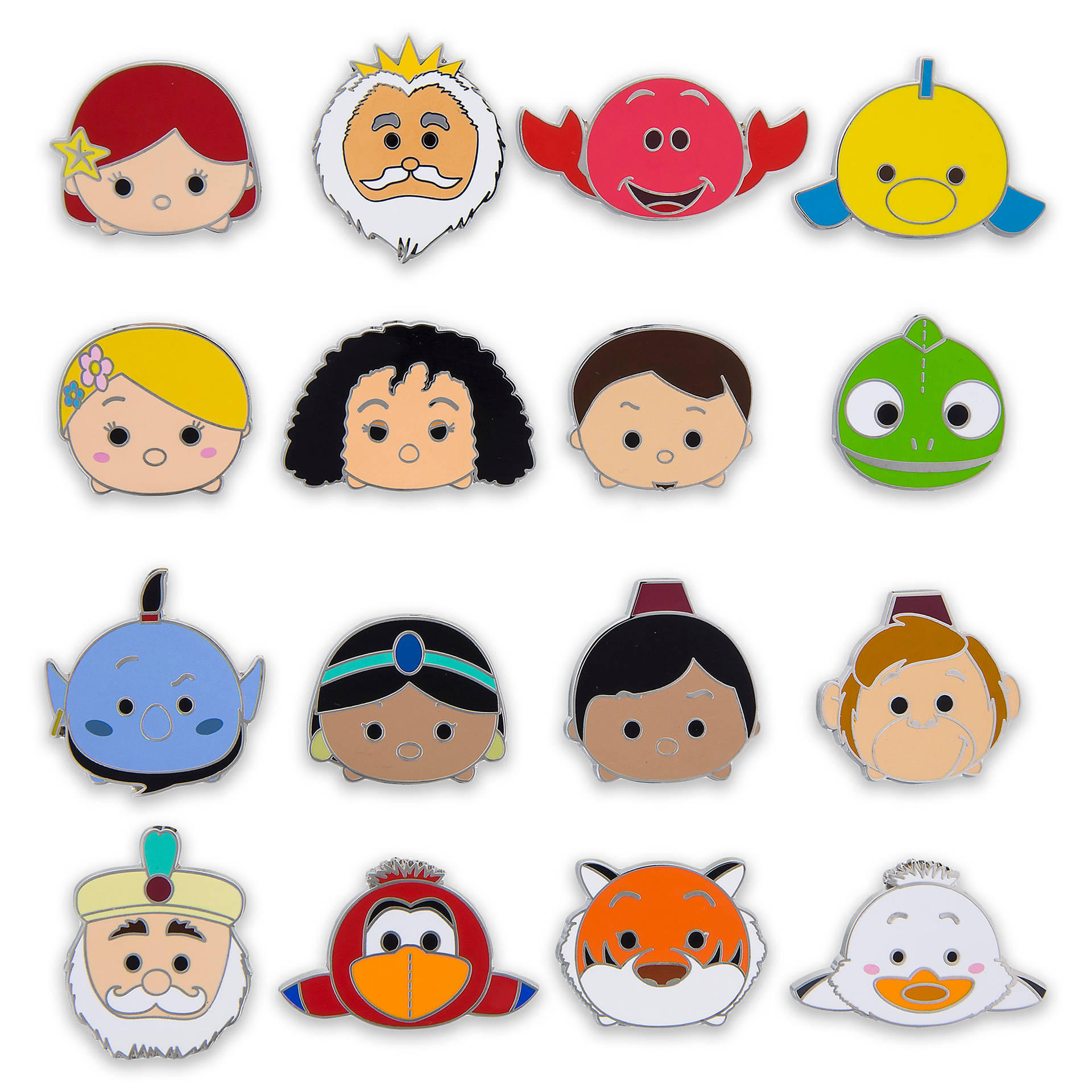 迪士尼 Tsum Tsum 角色徽章的網格，具有圓形頭部和色彩繽紛的設計。 — Tsum tsum 壁紙