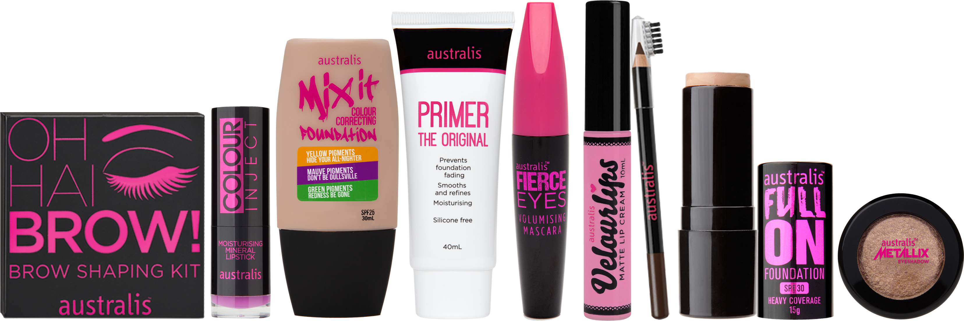 Cosmetics Products 桌布 壁紙 — 一系列色彩鮮豔的 Australis 化妝產品，在黑色背景上展示。