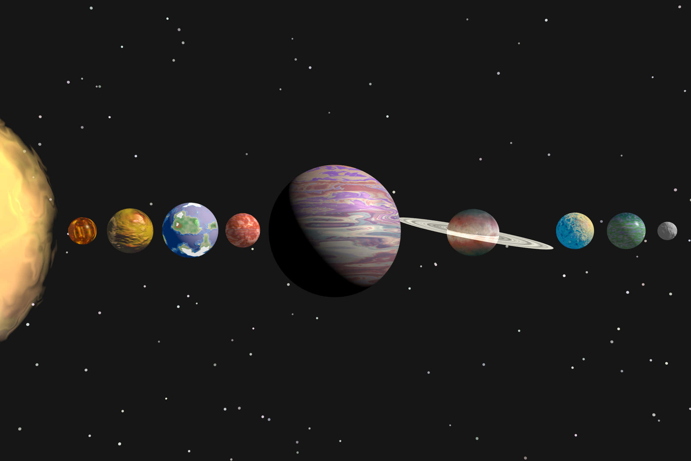 行星動畫 桌布 壁紙 — 一系列色彩鮮豔的行星，包括帶有光環的木星和土星，圍繞著一顆發光的太陽運行，背景是繁星點點的黑色天空。