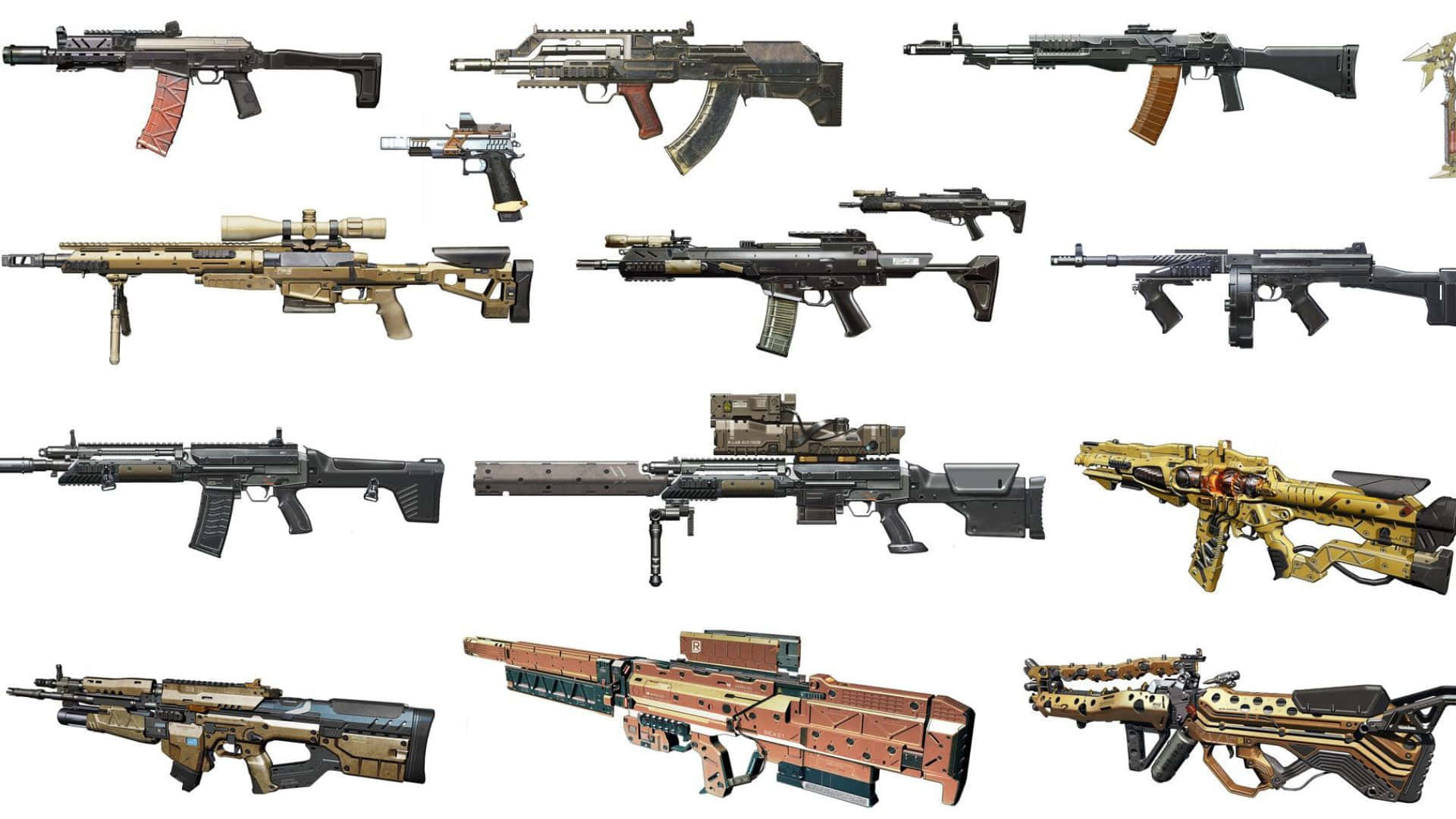 Call Of Duty Weapons 桌布 壁紙 — 一系列詳細的現代突擊步槍和狙擊步槍，配有多種迷彩和自訂皮膚，展示在純白背景上。