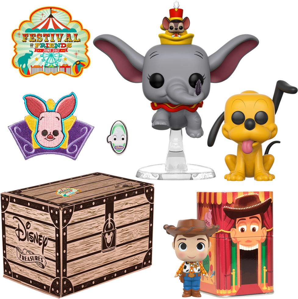 寶藏 桌布 壁紙 — 一系列迪士尼Funko Pop公仔，包括小飛象、布魯圖和胡迪，與木製寶箱和節日主題配件一同展示。
