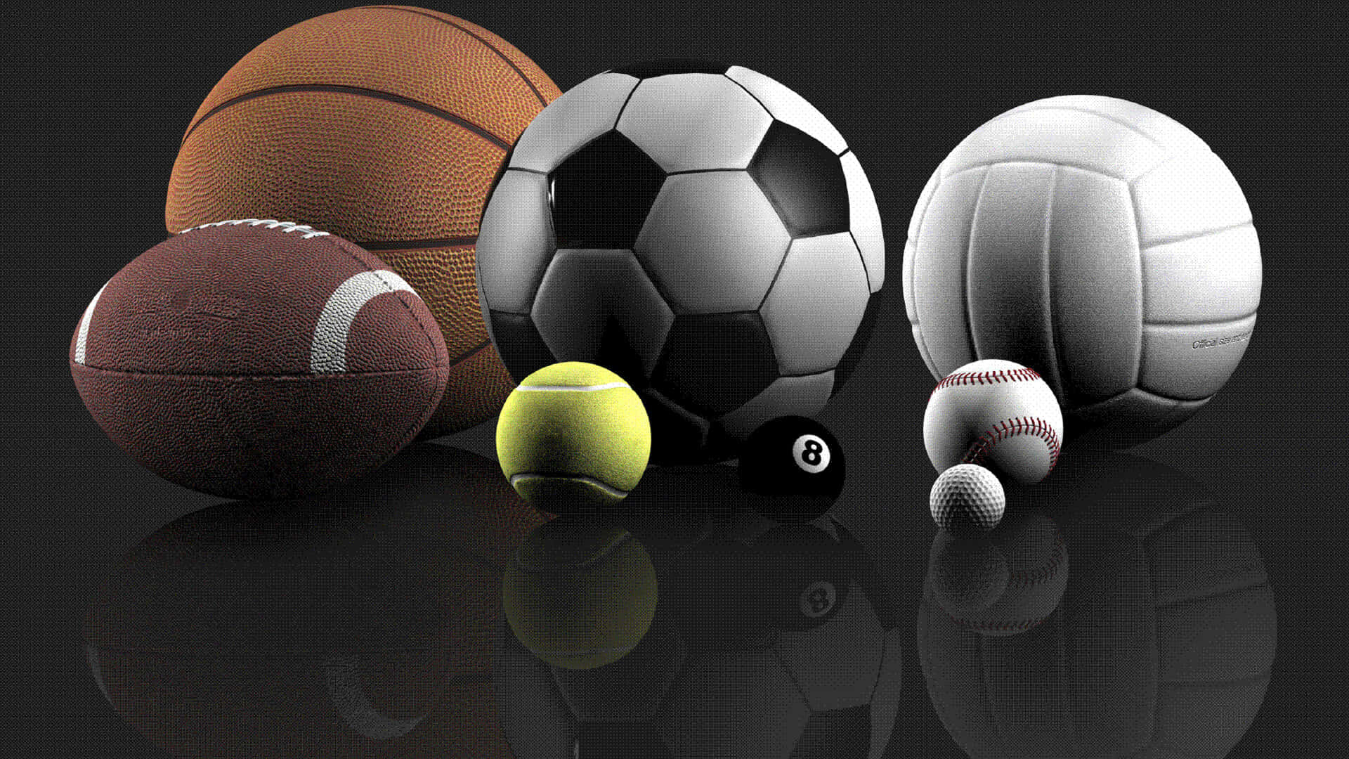 Best Sports 桌布 壁紙 — 一系列運動球類，包括籃球、足球和美式足球，排列在反光的黑色表面上。