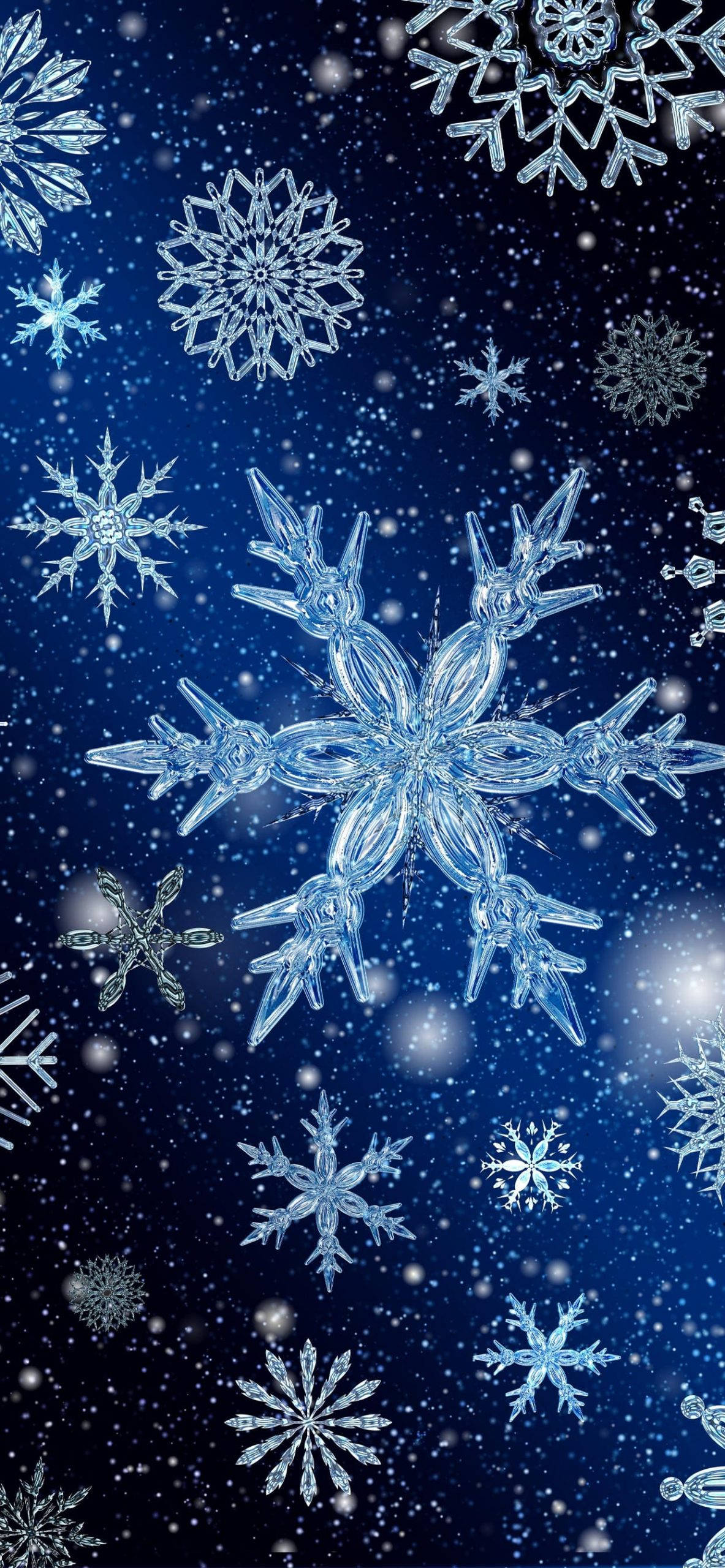 Snowflake iPhone 桌布 壁紙 — 一系列錯綜複雜的冰晶和雪花在深藍色的夜空中飄蕩，令人著迷。