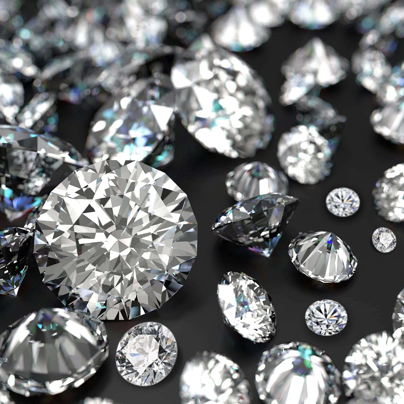 diamonds 桌布 壁紙 — 一系列閃耀的切割鑽石在深黑色背景上閃爍著銳利的刻面。