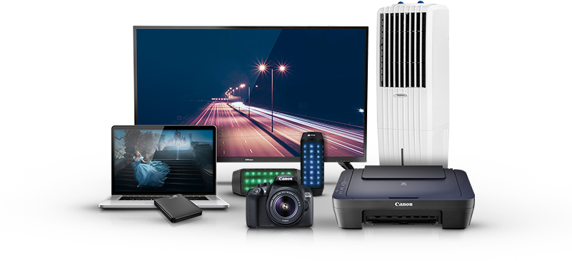 Home Appliance 桌布 壁紙 — 一系列電子設備在純黑背景上展示鮮豔的數位影像。