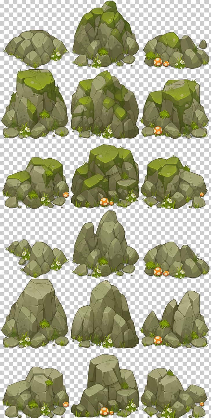 Game Design 桌布 壁紙 — 一系列風格化的卡通岩石形成，帶有苔蘚和蘑菇，形狀和大小各異。