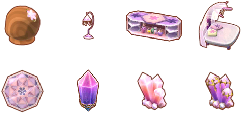 Clip Art 桌布 壁紙 — 一系列魔法奇幻物品，包括獨角獸床、水晶櫃和發光的紫色水晶，背景為黑色。