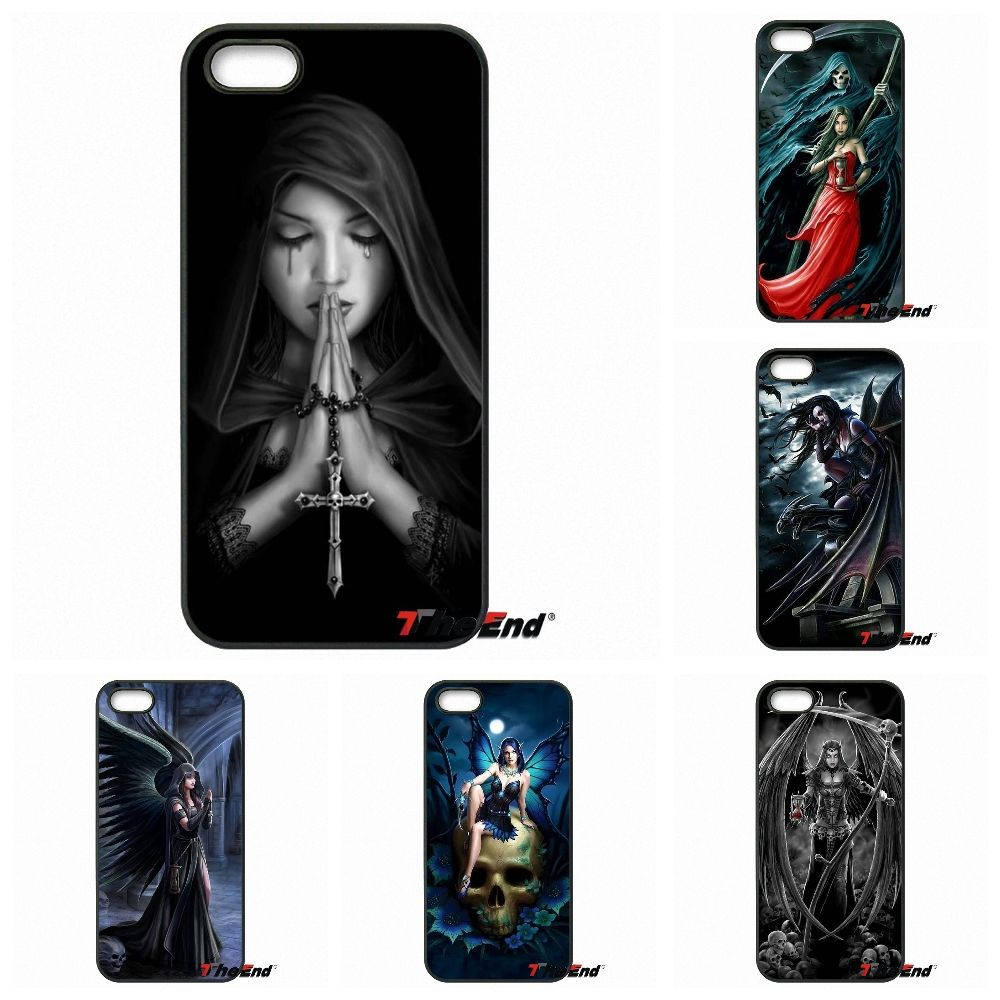 Gothic Phone 桌布 壁紙 — 一系列黑暗奇幻手機殼，圖案包括戴帽祈禱的女子、紅衣死神，以及其他帶有骷髏和翅膀的哥德式角色。