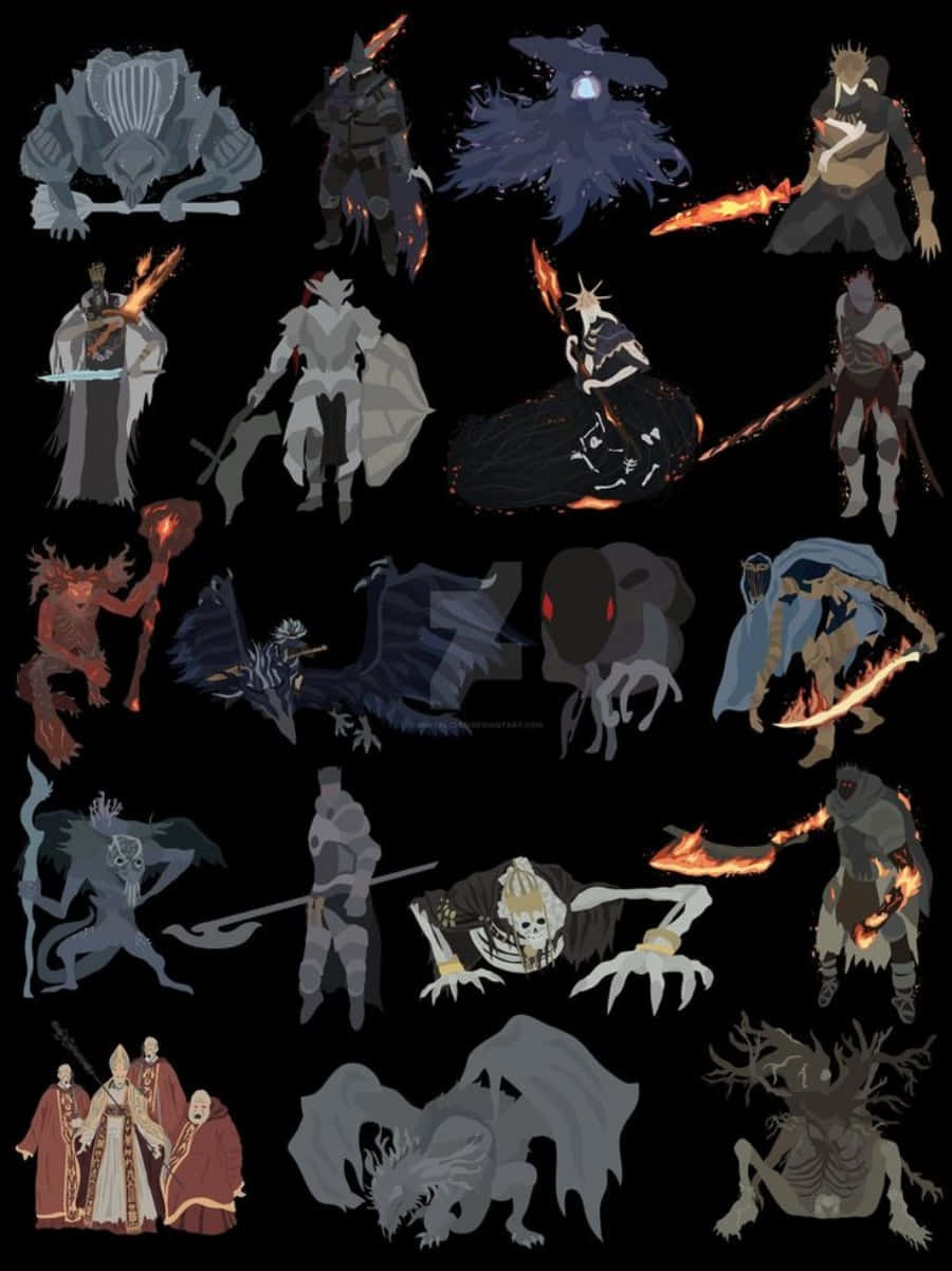 Dark Souls Bosses 桌布 壁紙 — 一系列黑暗奇幻角色和怪物，手持火焰武器，眼睛發光，背景為黑色。