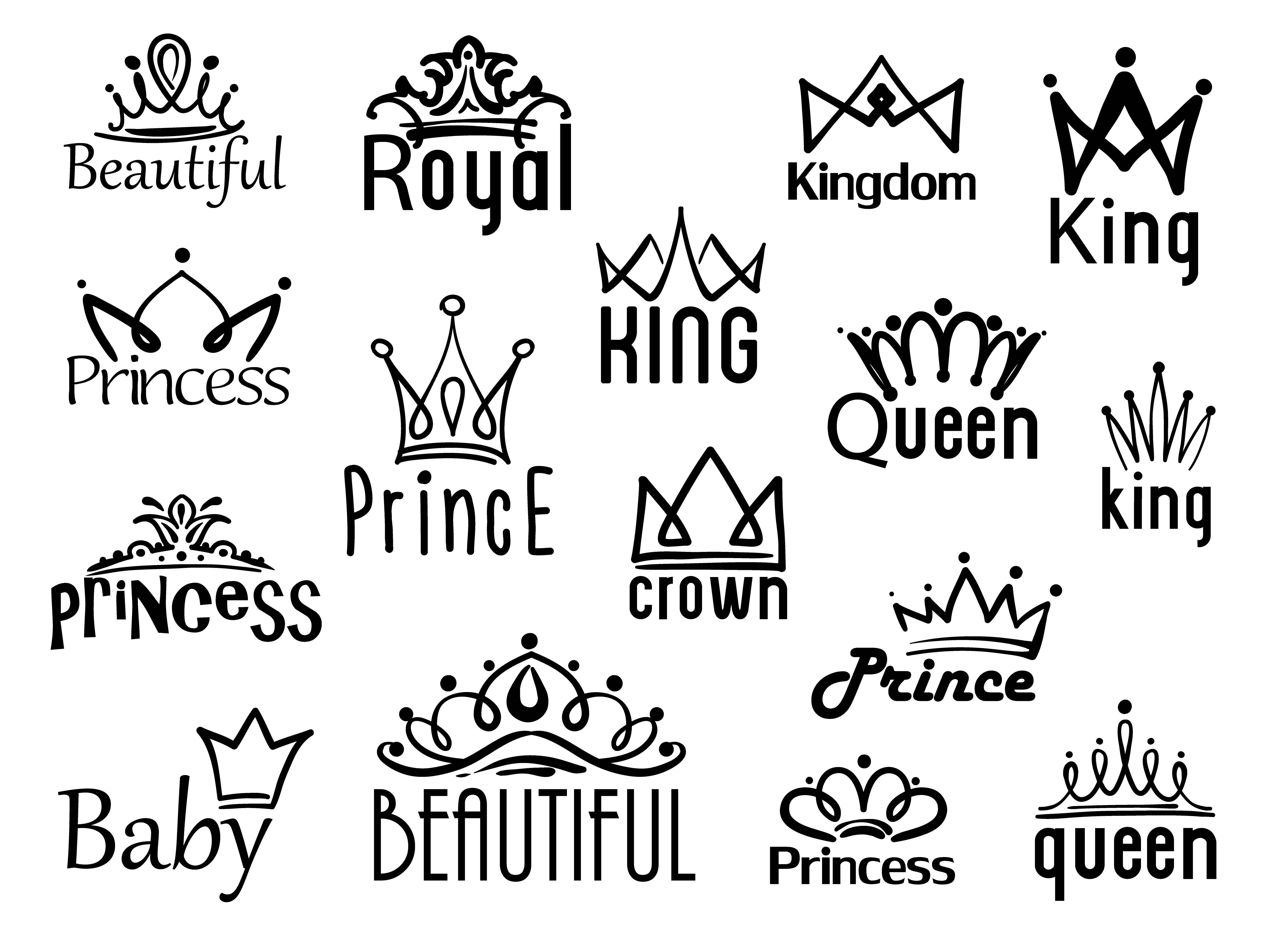 Crown 桌布 壁紙 — 一系列黑白皇冠標誌，帶有 royal princess 和 king 等字樣，以網格排列。