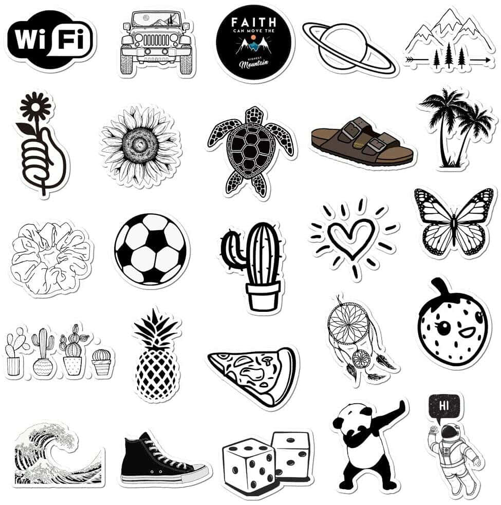 Aesthetic Black And White 桌布 壁紙 — 一系列黑白簡約貼紙，包含多種圖標，如吉普車、向日葵、烏龜和披薩片，以網格排列。