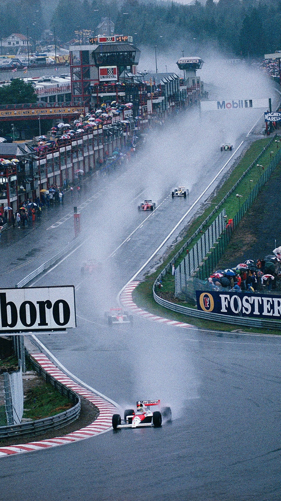 F1 iPhone 壁紙 桌布 壁紙 — 一級方程式賽車在紐柏林賽道霧雨浸濕的彎道中競速，觀眾沿賽道撐傘。