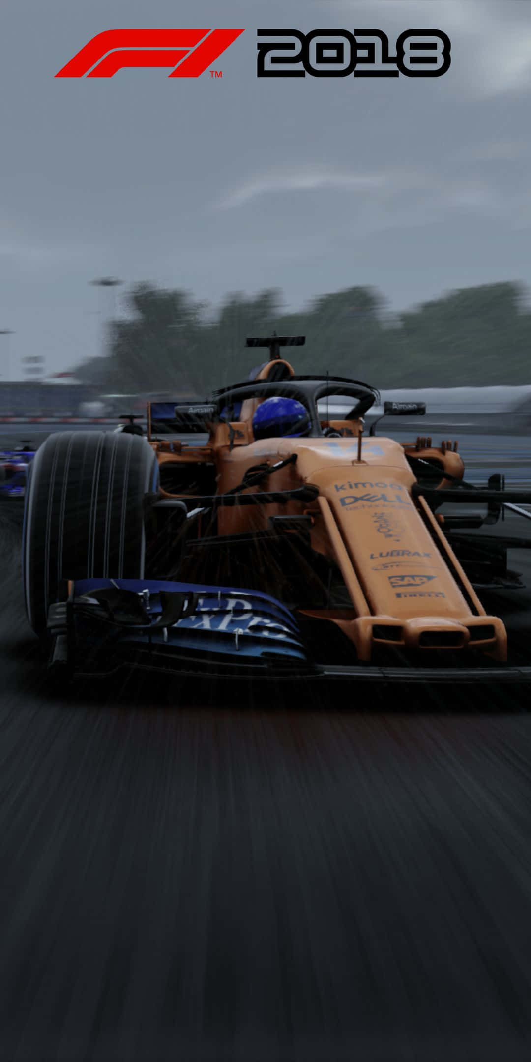 F1 桌布 壁紙 — 一級方程式賽車在雨中濕滑賽道上疾馳，呈現模糊動感，天空多雲。