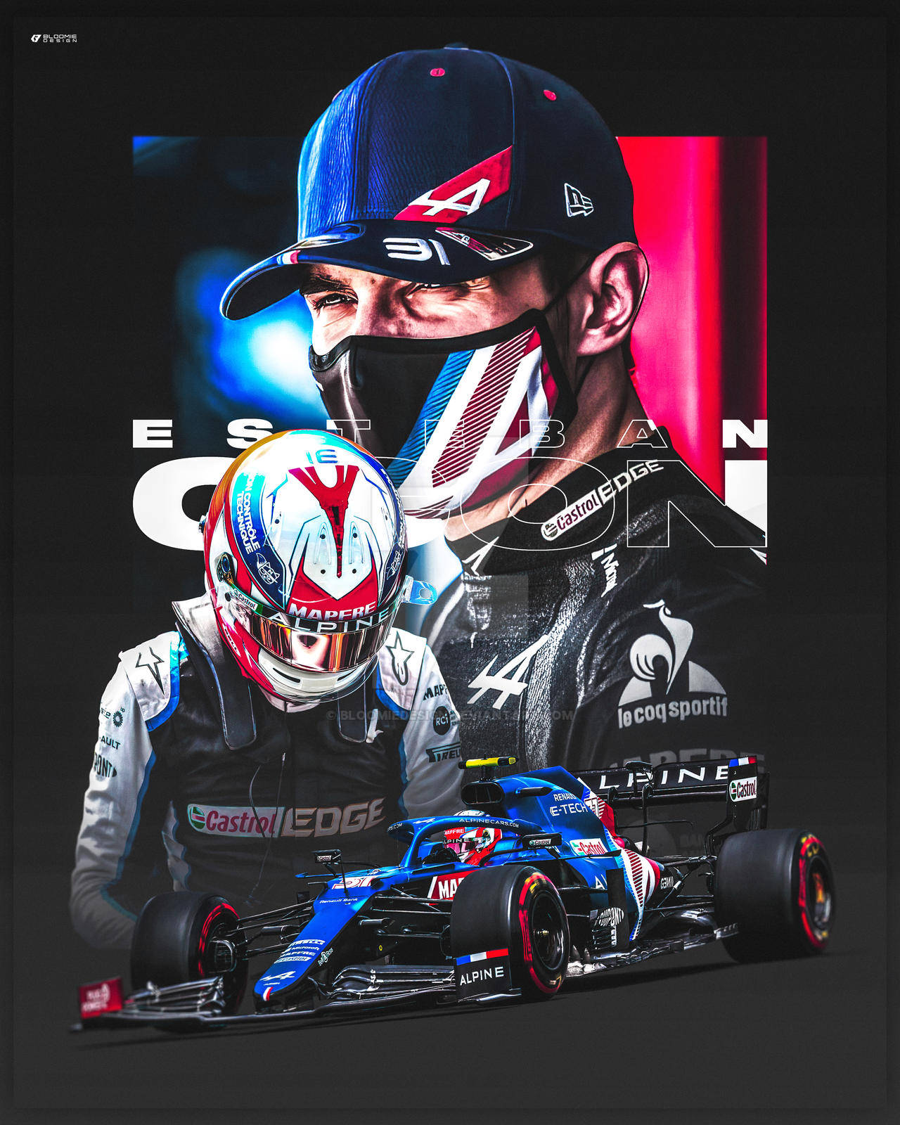 F1 桌布 壁紙 — 一級方程式賽車手埃斯特班·奧康的動態數位肖像，他戴著賽車頭盔，與Alpine賽車一起，背景是充滿活力的抽象圖案。