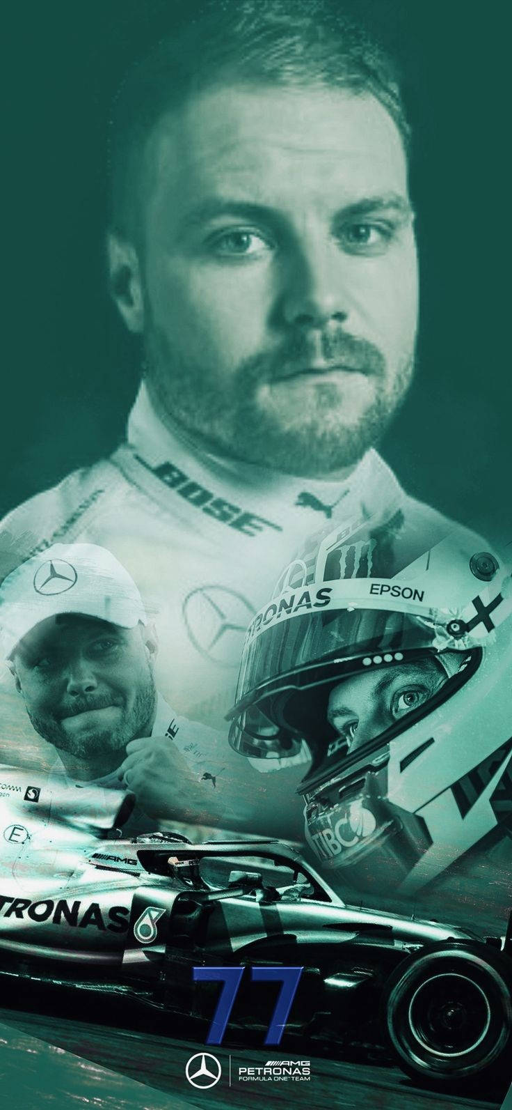 Valtteri Bottas 桌布 壁紙 — 一級方程式車手瓦爾特利·博塔斯（Valtteri Bottas）的藍綠色調肖像拼貼，展示他的賽車頭盔和梅賽德斯賽車。