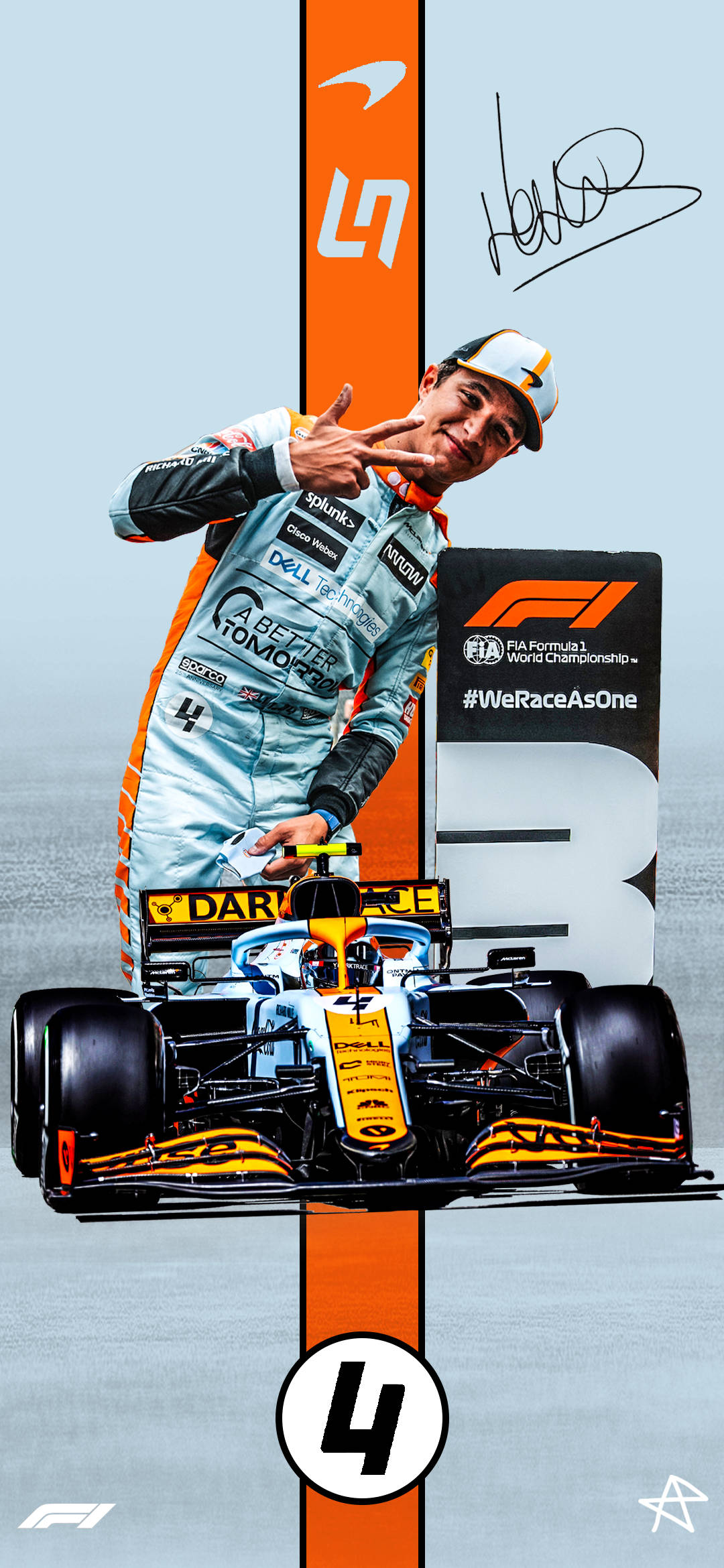 Racing 桌布 壁紙 — 一級方程式車手蘭多·諾里斯身穿賽車服，在極簡賽道背景下，於賽車旁比出和平手勢。