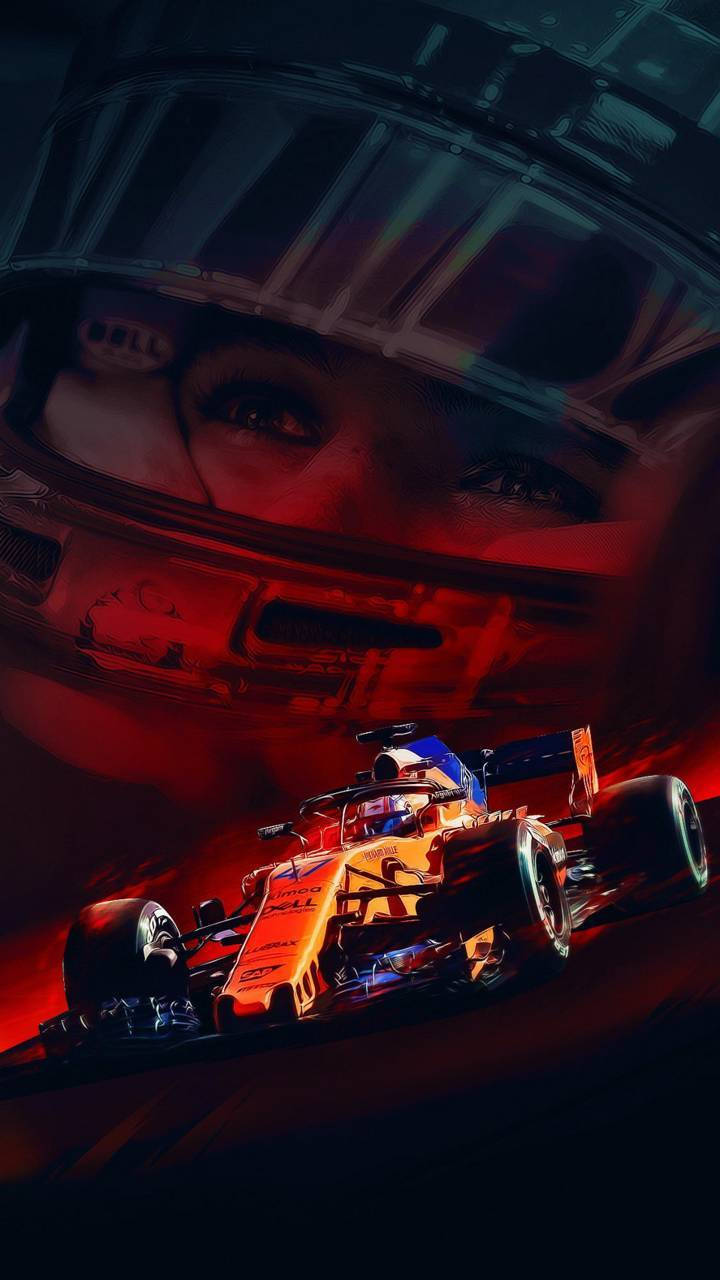 Racing 桌布 壁紙 — 一級方程式車手透過頭盔的強烈目光，主宰著一輛沐浴在火紅光線中的高速橙色賽車。