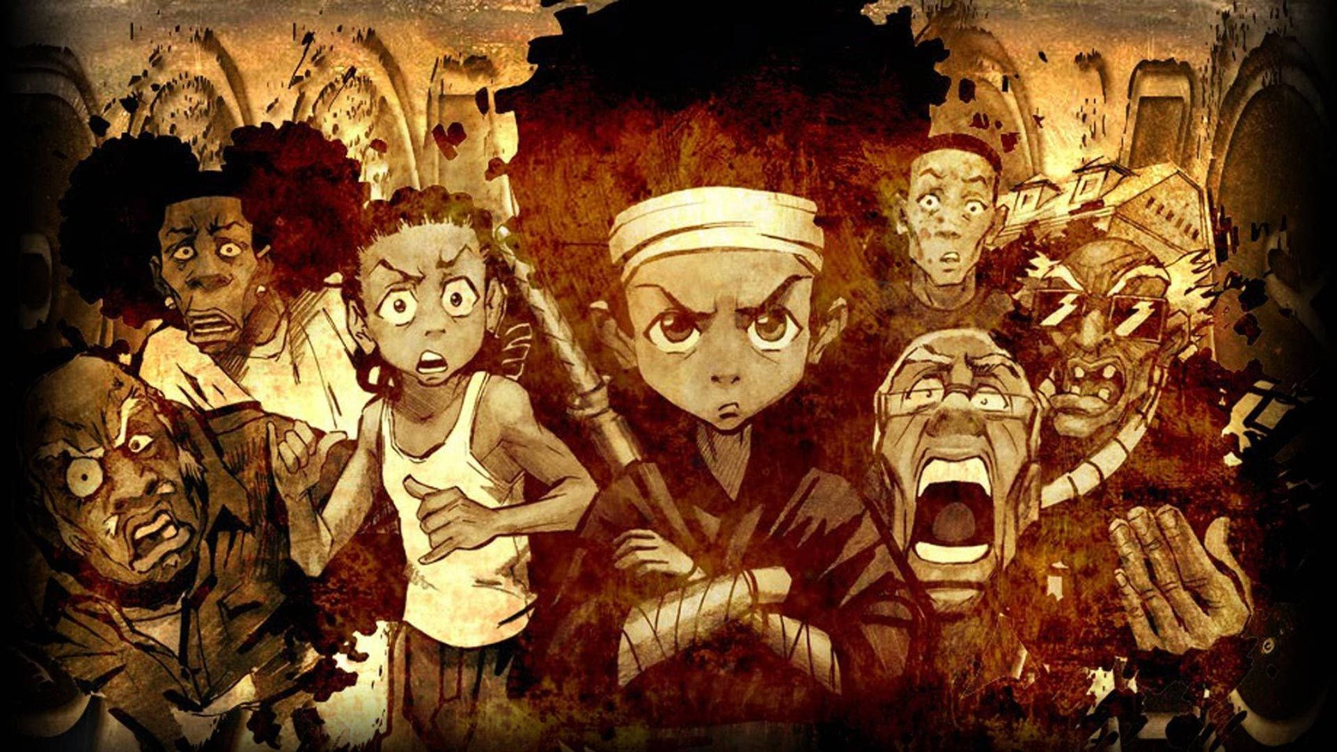 Cartoon 桌布 壁紙 — 一組 gritty 動畫角色，驚恐憤怒，帶有血跡和破損紋理，以 sepia 色調呈現。
