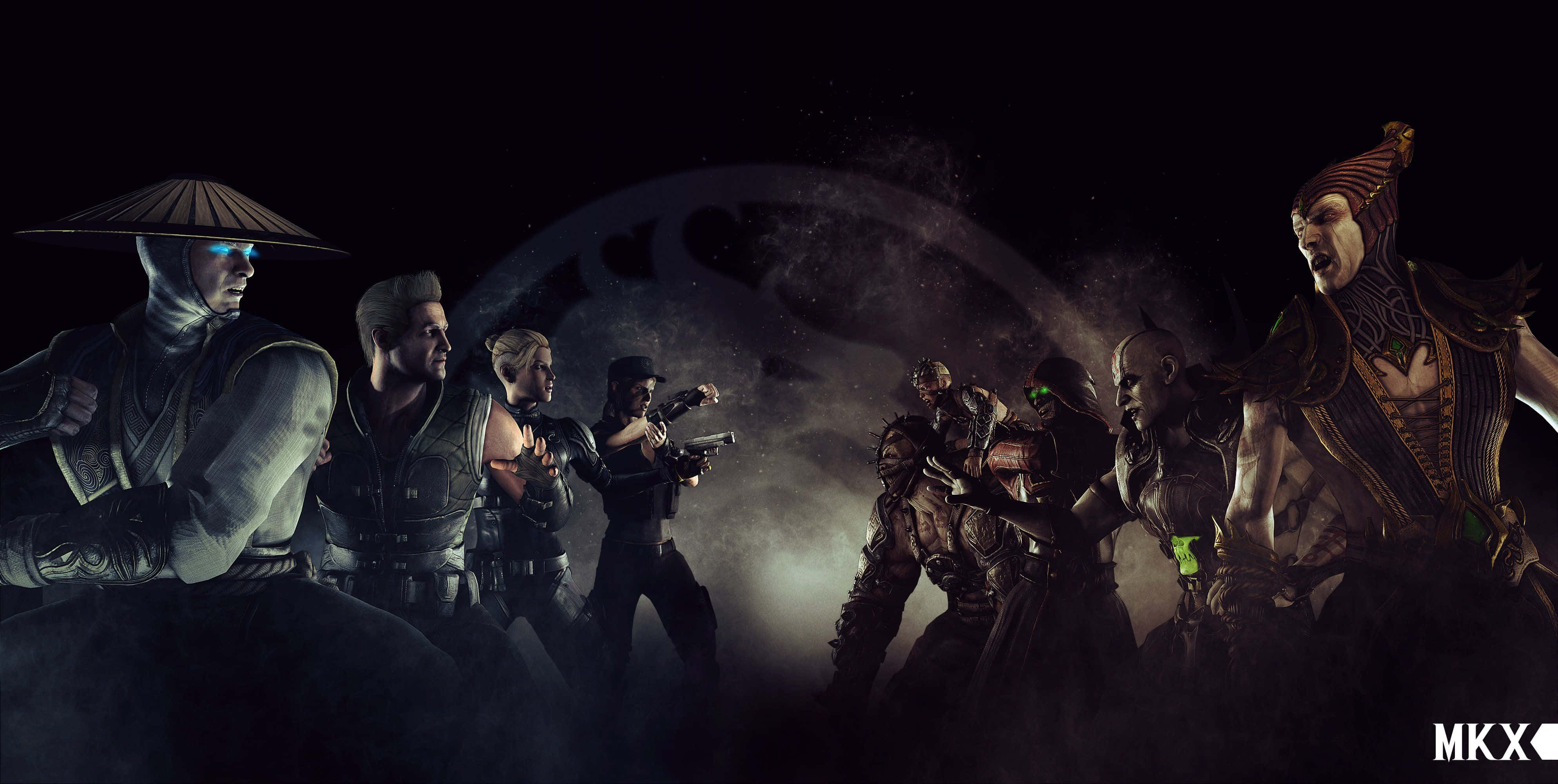 Mortal Kombat Raiden 桌布 壁紙 — 一組《真人快打》角色身穿深色盔甲和面具，在宇宙背景下擺出戰鬥姿勢，場面戲劇性十足。