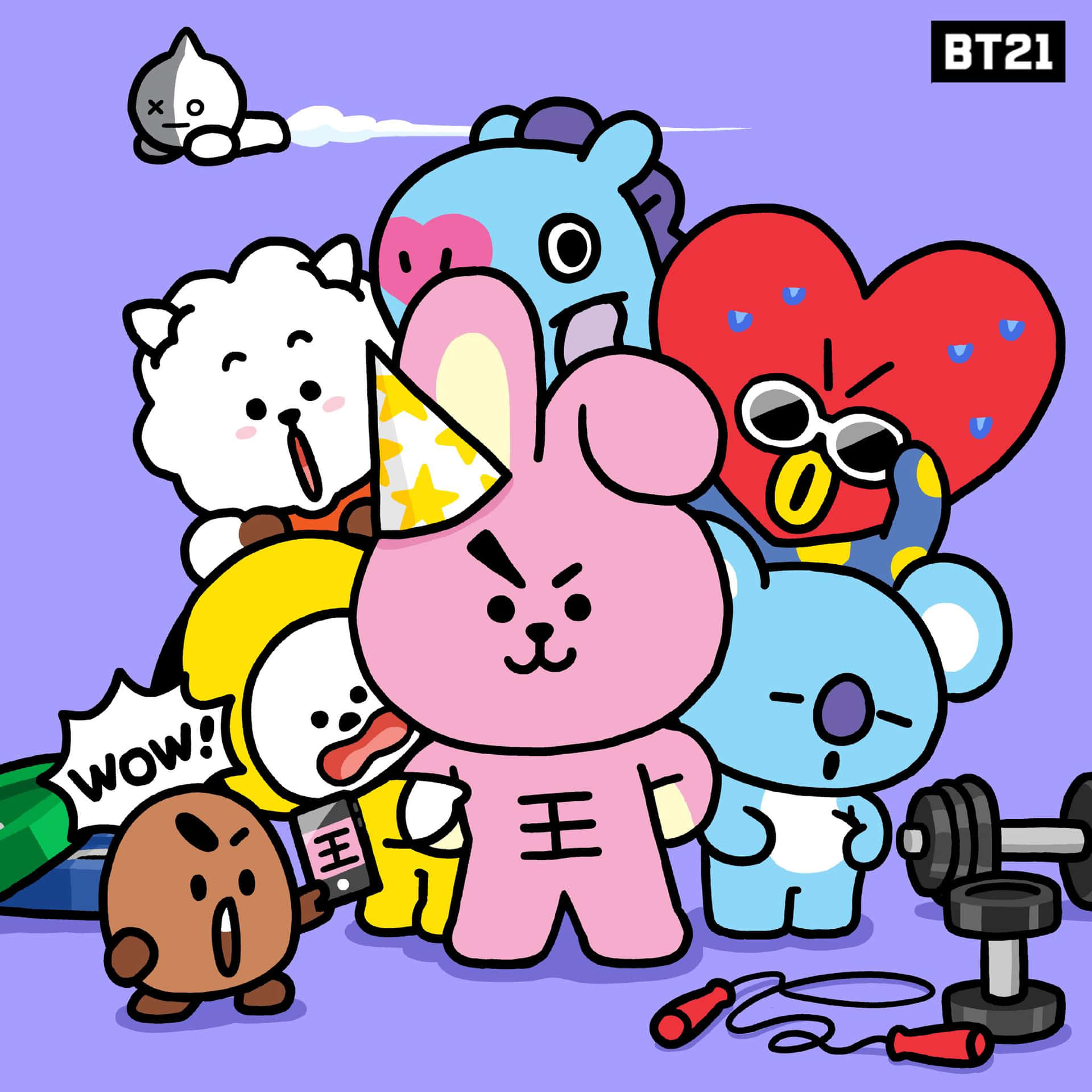 BT21 桌布 壁紙 — 一組BT21卡通角色在有趣的健身場景中，有啞鈴、跳繩和一個驚訝的棕色角色拿著電話。